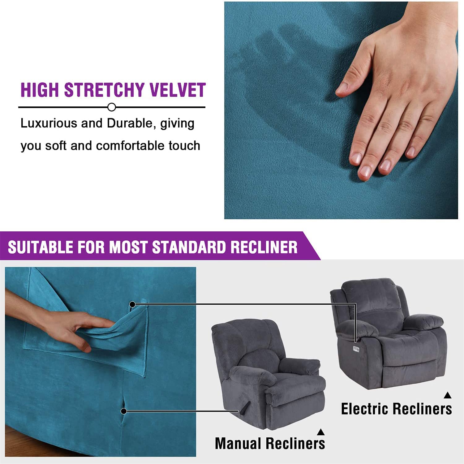 Fundas Reclinables de Terciopelo Funda de Sofá Reclinable Elástica Fundas Reclinables para Sillas Supersuave Funda de Sillón Lavable Antideslizante con Bolsillo Lateral para Sala de Estar