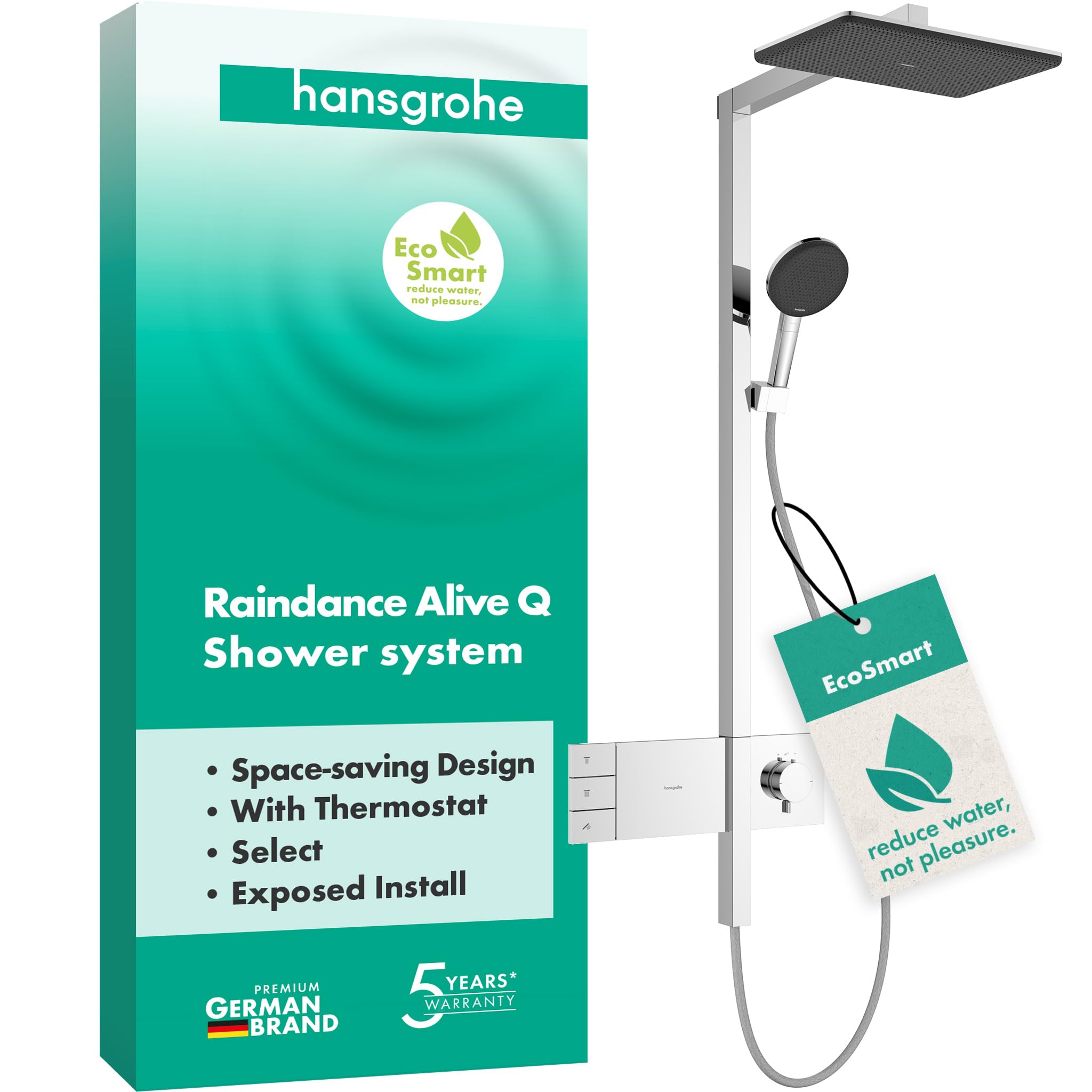 hansgrohe Raindance Alive Q - Colonna doccia a risparmio idrico (EcoSmart) con miscelatore termostatico, Sistema doccia con rubinetto, doccetta, tubo, asta e soffione doccia (2 getti), cromo, 24591000
