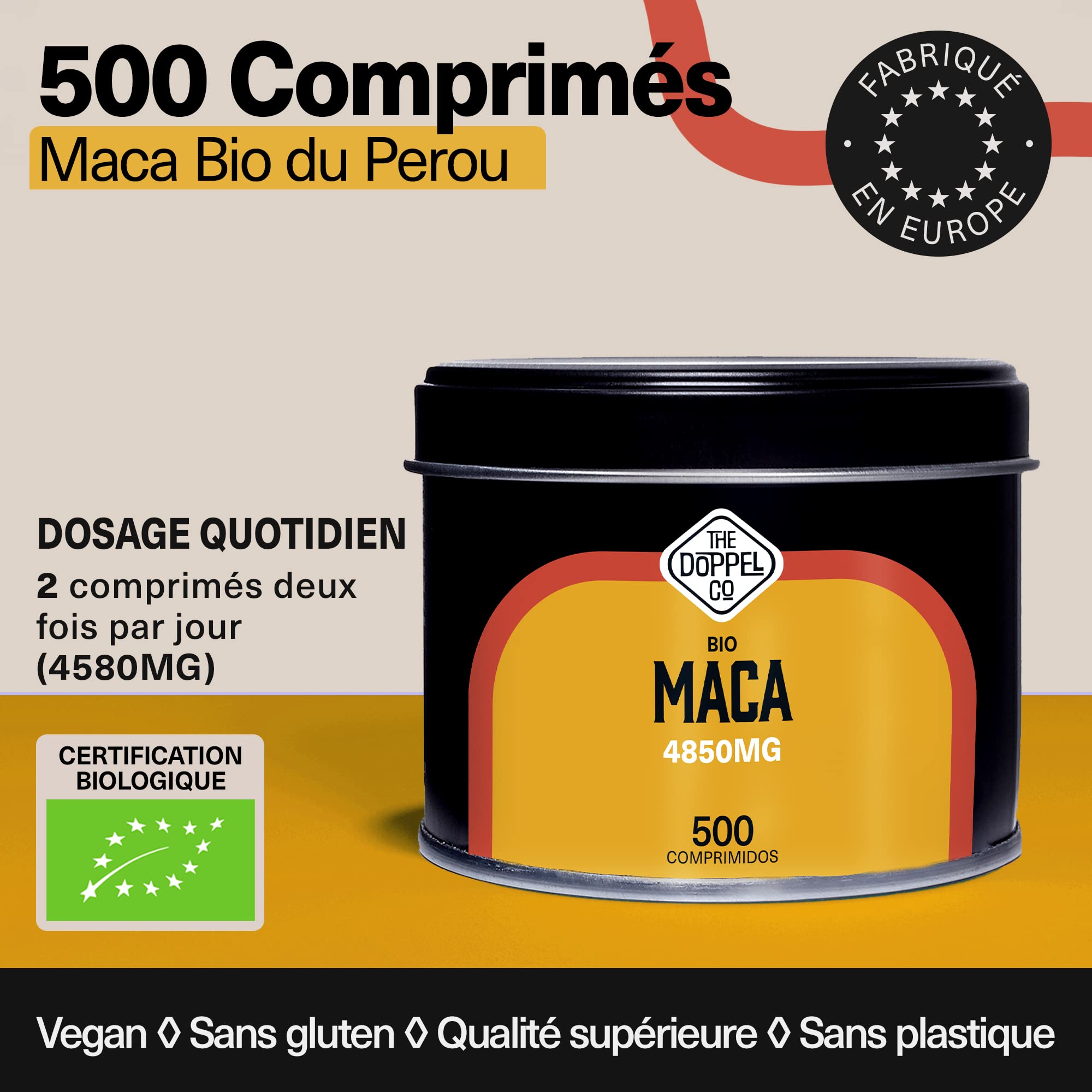 Maca Bio du Pérou 4850mg - 500 Comprimés - Extrait 5:1 - Cure de 4 mois - Maca Péruvienne Pura - Énergie et Vitalité - Sans Plastique - Certifié Bio