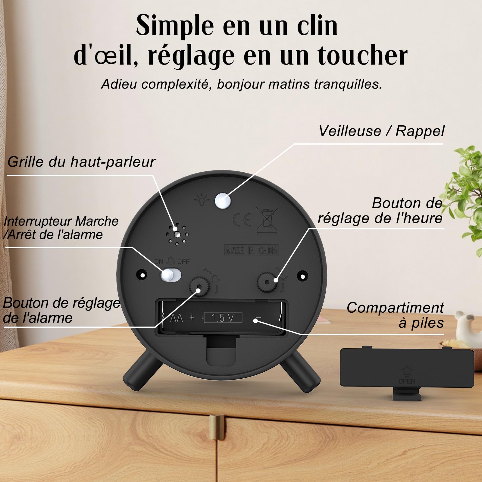 SOCICO Réveil Analogique Horloge de Chevet Rétro Ronde Métal Piles Veilleuse Fonction Snooze Noir