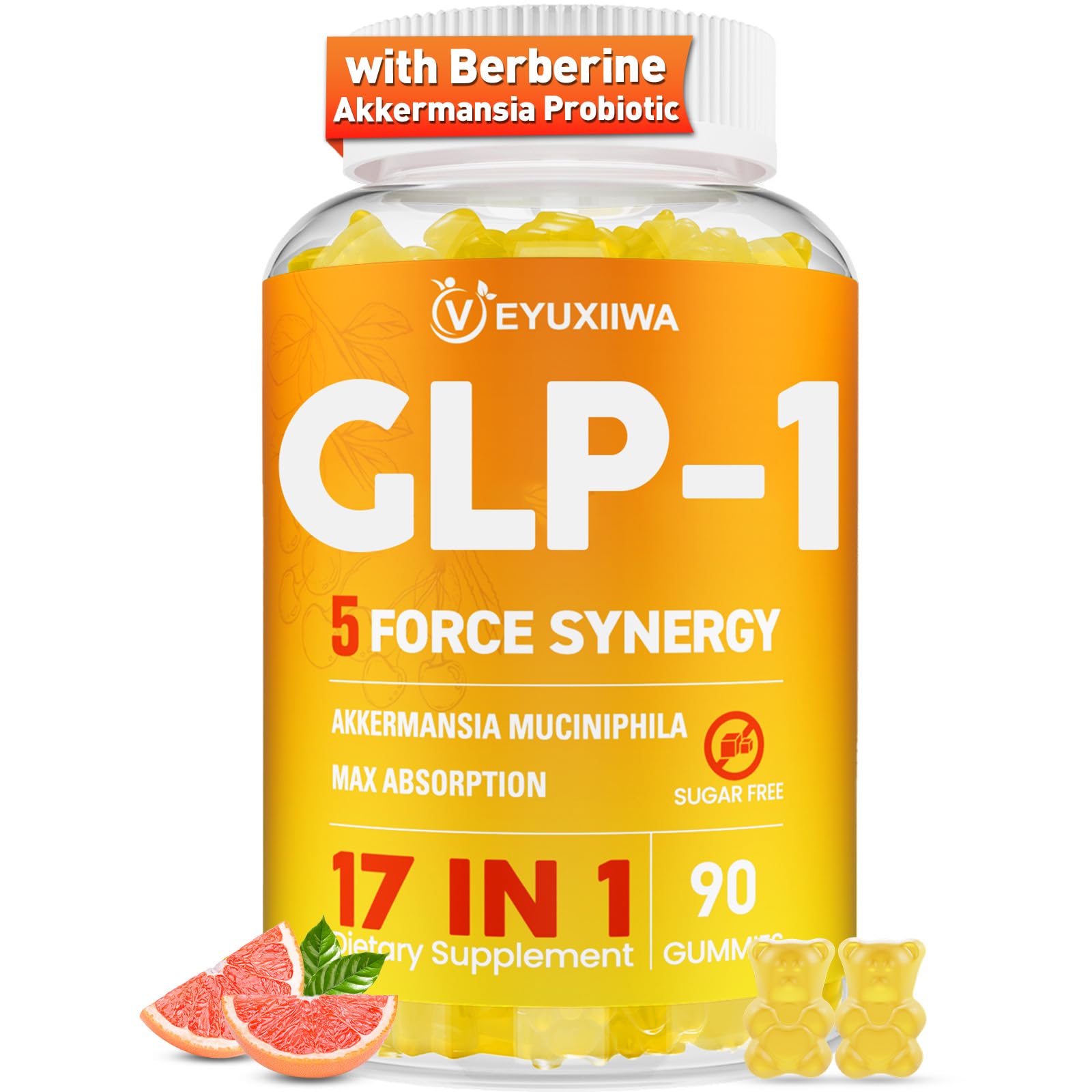 GLP-1 Supplement for Women, 5X GLP-1 Blends with Akkermansia Probiotic & Berberine, 17-in-1 High Efficiency GLP-1 Probiotic Gummies , for Energy, Digestion & Gut, Yuzu Flavor, Sugar Free - 90 Gummies