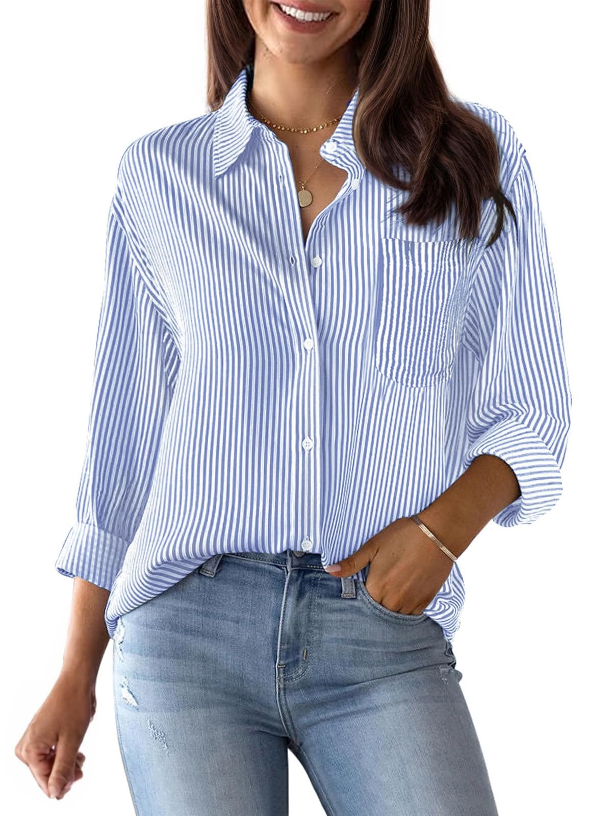 Button Down Shirts for Women Striped Dress Shirts Long Sleeve Collared Cotton Blouses Work Business Casual Tops