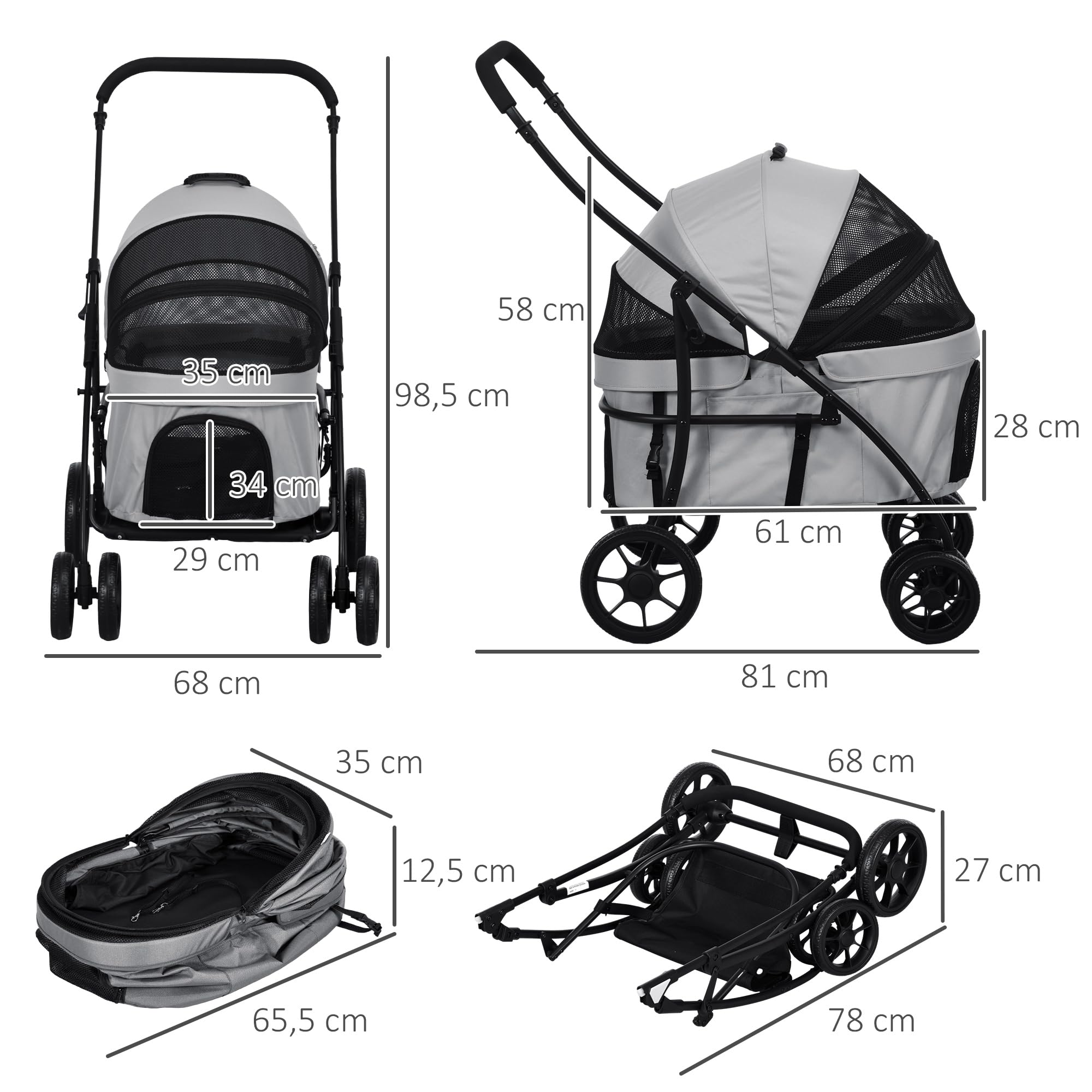PawHut Poussette pour chien et chat 2 en 1 pliante chariot pour chat chiots avec nacelle amovible, coussin, laisse de sécurité, jusqu'à 10 kg, acier 81 x 68 x 98,5 cm, gris