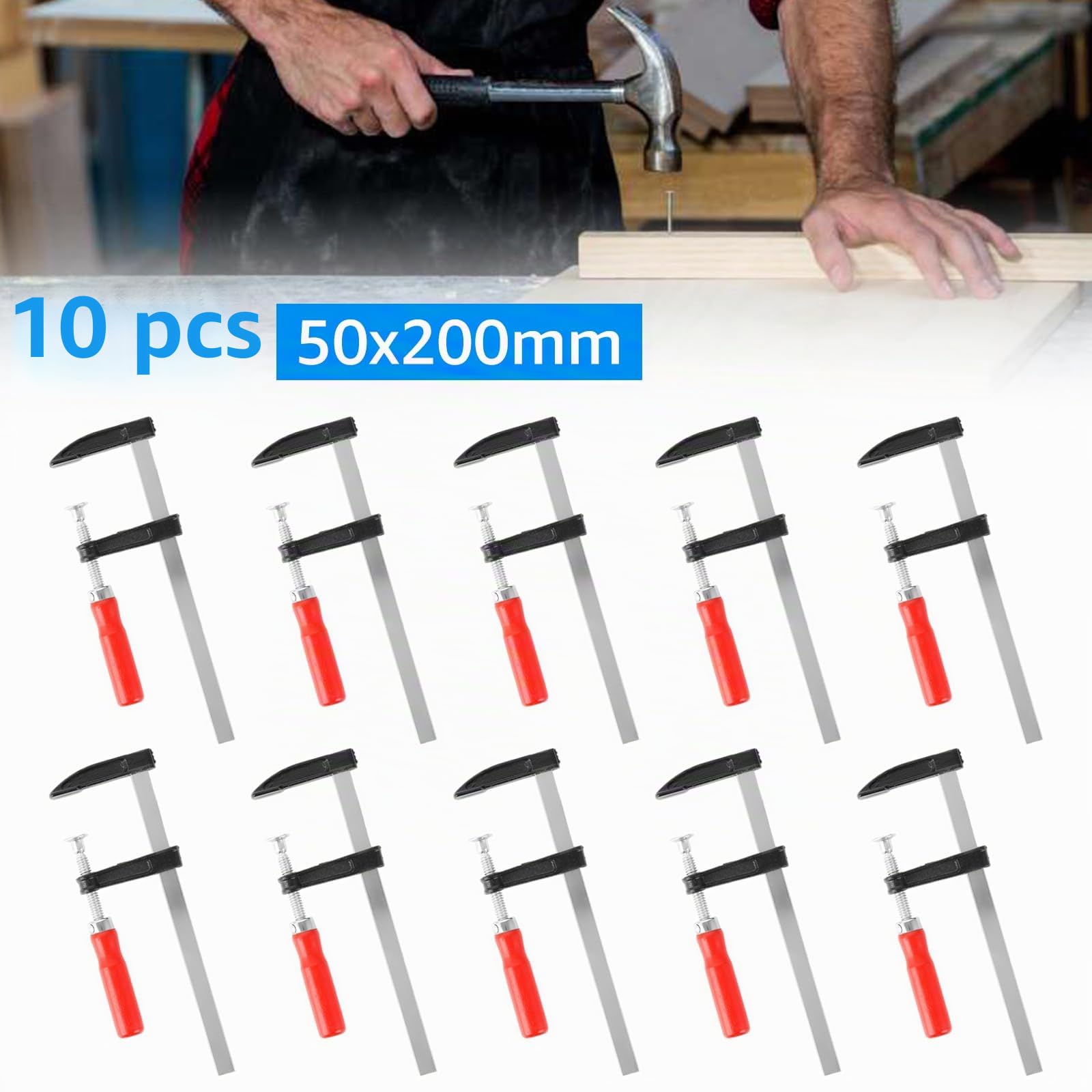 Serre-Joint Menuisier F, 10PCS Set [50x200], 255mm Longueur Totale, 50mm Profondeur de Serrage, 200mm Largeur de Serrage, Serres-Joints en Acier Moulé Trempé avec Poignée Ergonomique