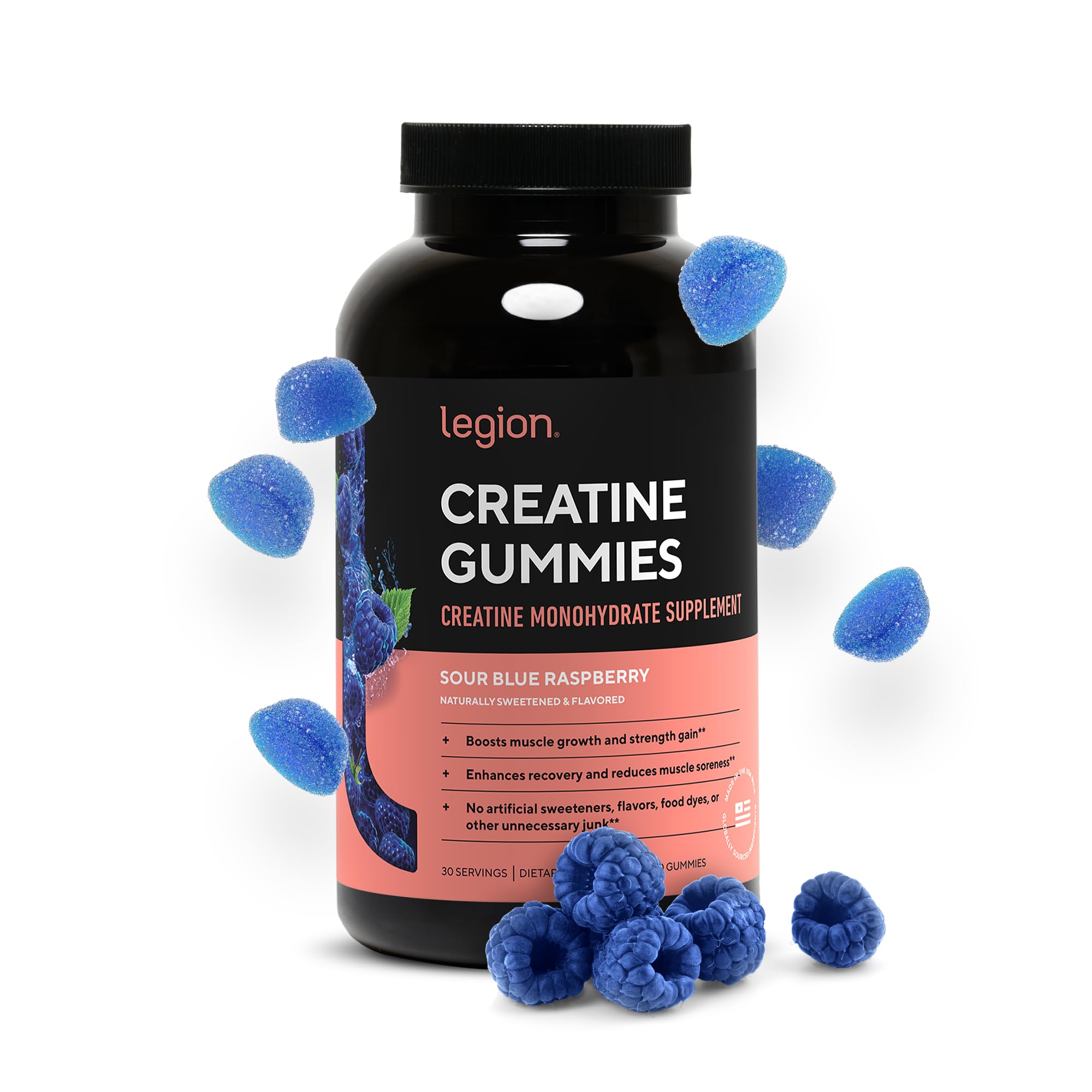 LEGION Creatine Monohydrate Gummies – Clean Chewable Creatine Supplement for Strength, Endurance & Muscle Recovery – 30 Sour Blue Raspberry Flavor Servings – No Artificial Flavors or Sweeteners