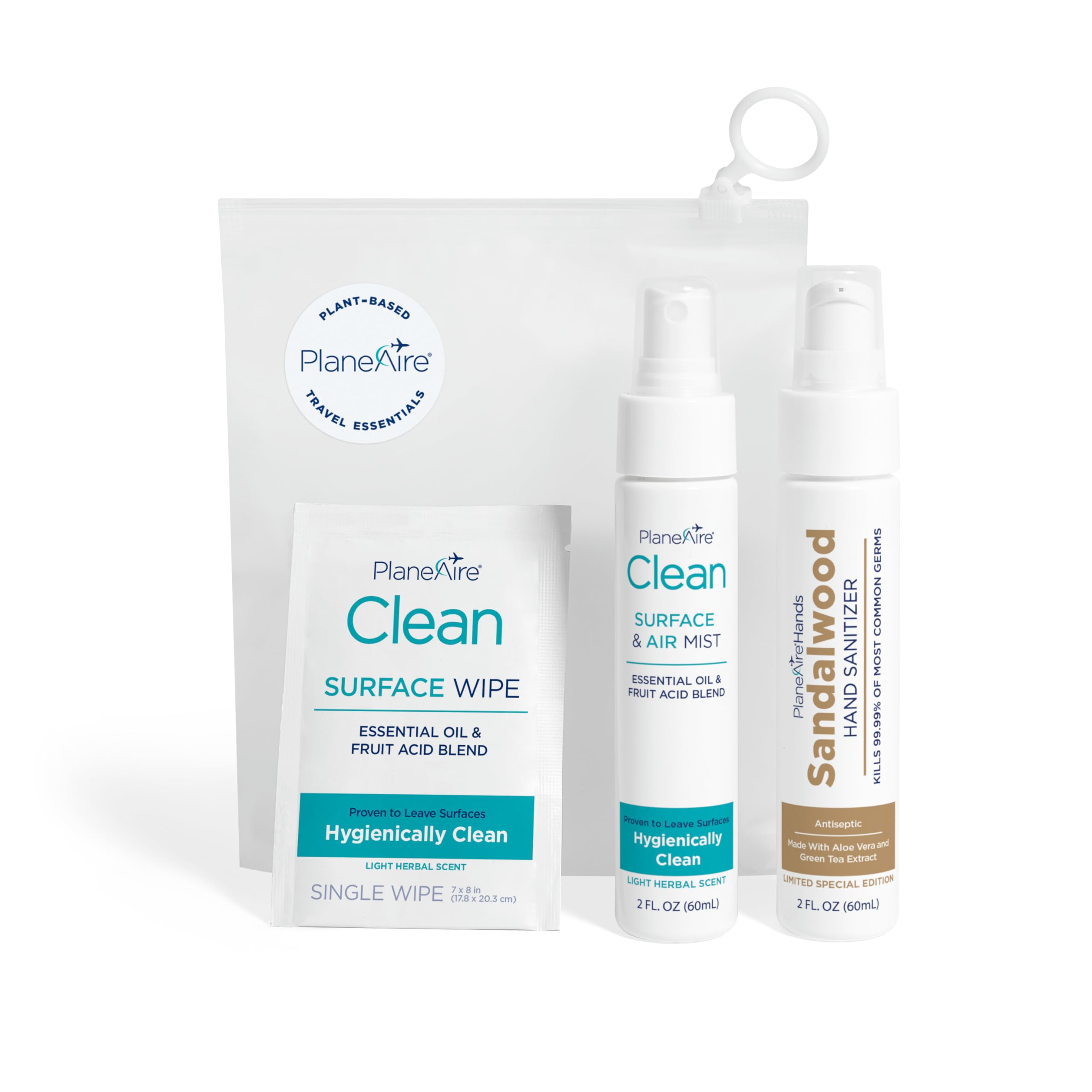 Travel Essentials | Hygiene Kit | Travel Toiletry Kit | Travel Size | Lotion Hand Sanitizer Sandalwood Scent | Surface Wipes | Individual Travel Wipes | Surface Cleaner | Made with Essential Oils