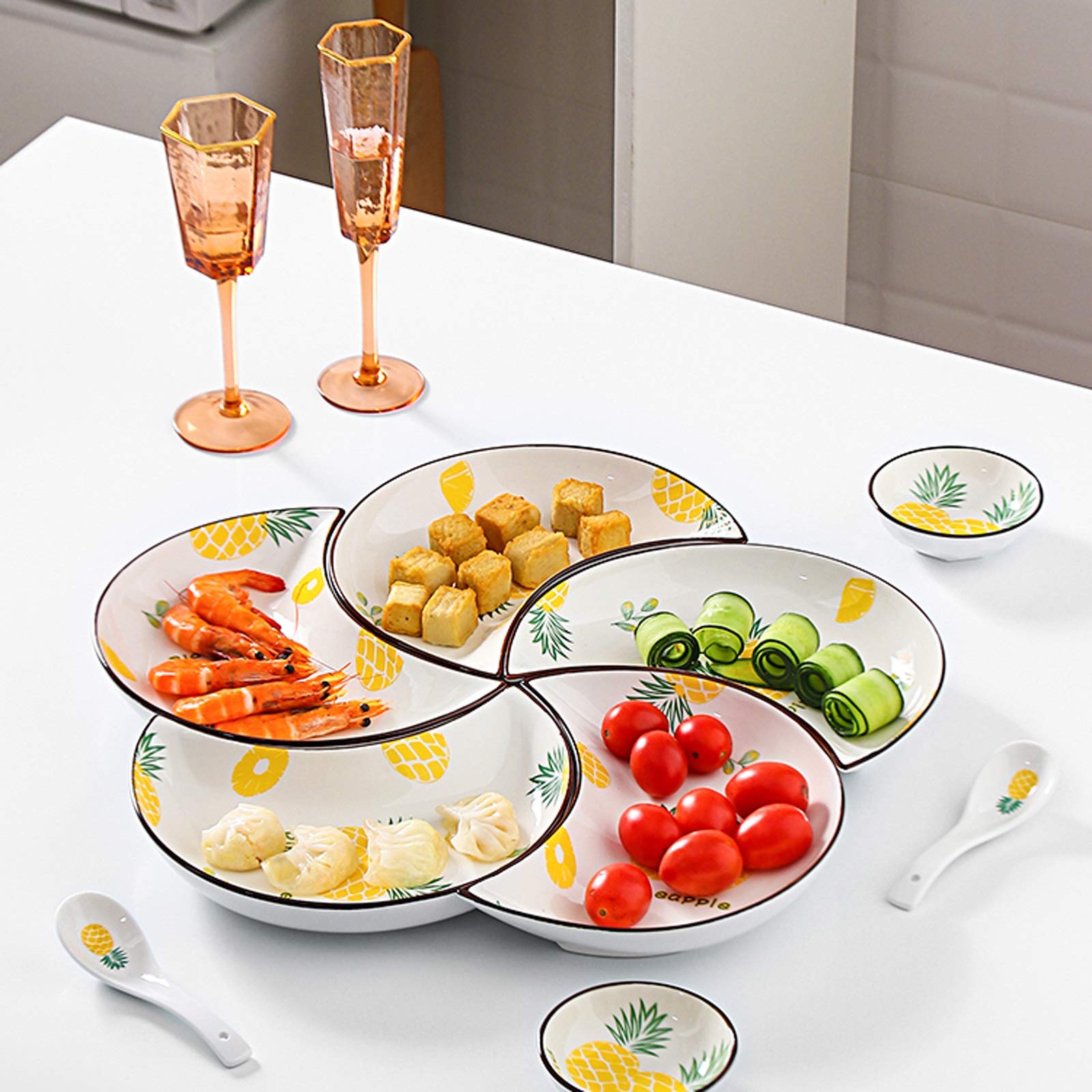 Ciotoline da Snack 10pcs Snack Plate Aggiungi 1 PZ Zuppa Bowl Home Piatto da pranzo Piatto da cucina in ceramica Set di stoviglie in ceramica Squisita Piastra dessert a forma di luna Squisita Piatto f