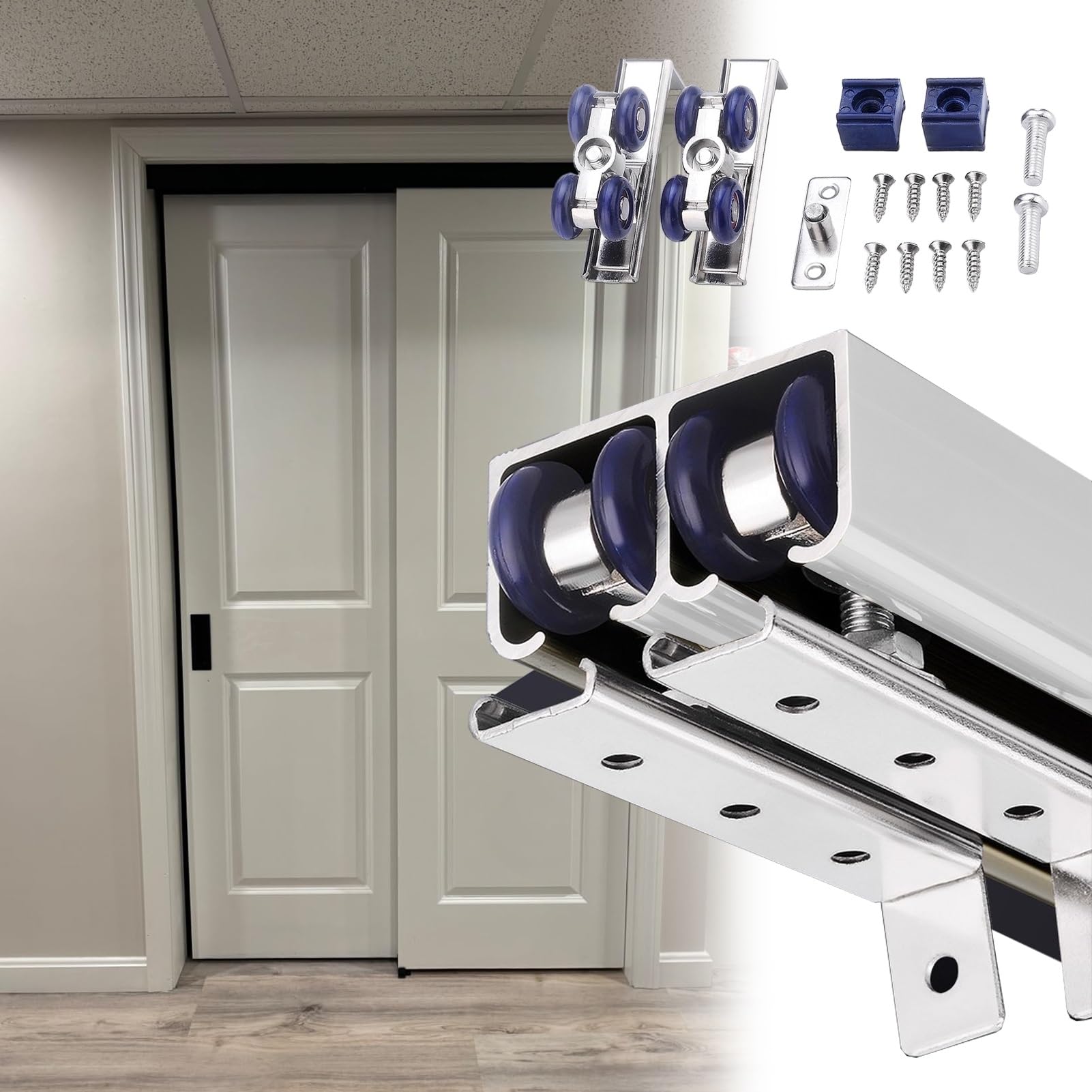 Herrajes Puertas Correderas Kit de Herrajes para Puertas Corredizas de Doble Hoja, Riel de Aluminio para Puerta Corrediza de Armario, Kit de Puerta Corrediza Empotrada Resistente con Rodillos(Silver,6