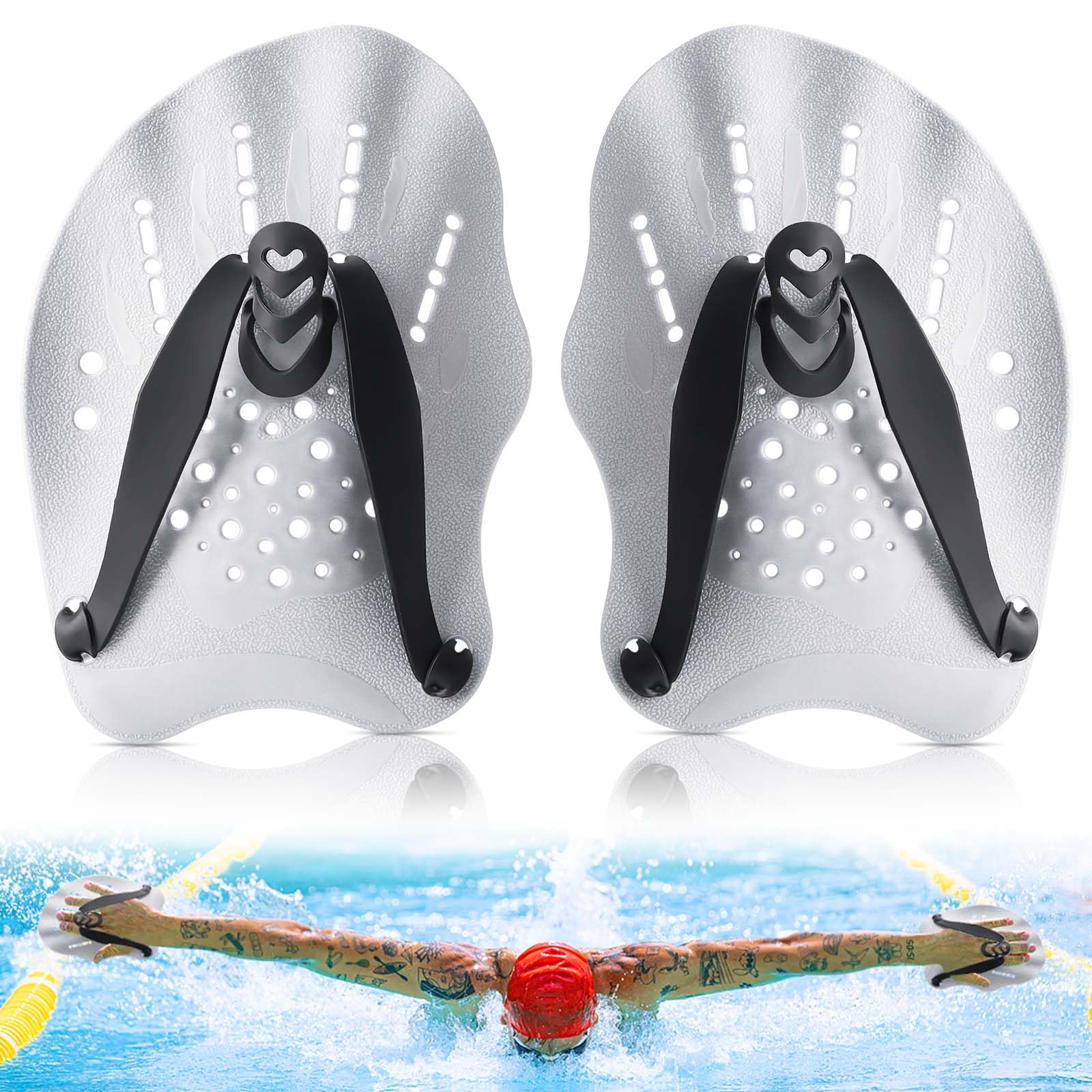 WuGU Palas Natacion, Pala de Mano para Piscina con Correas Ajustables, Paletas de Natación para Adultos Unisex, Pala de Entrenamiento de Natación Profesional para Adultos Niño Unisex(Plata)