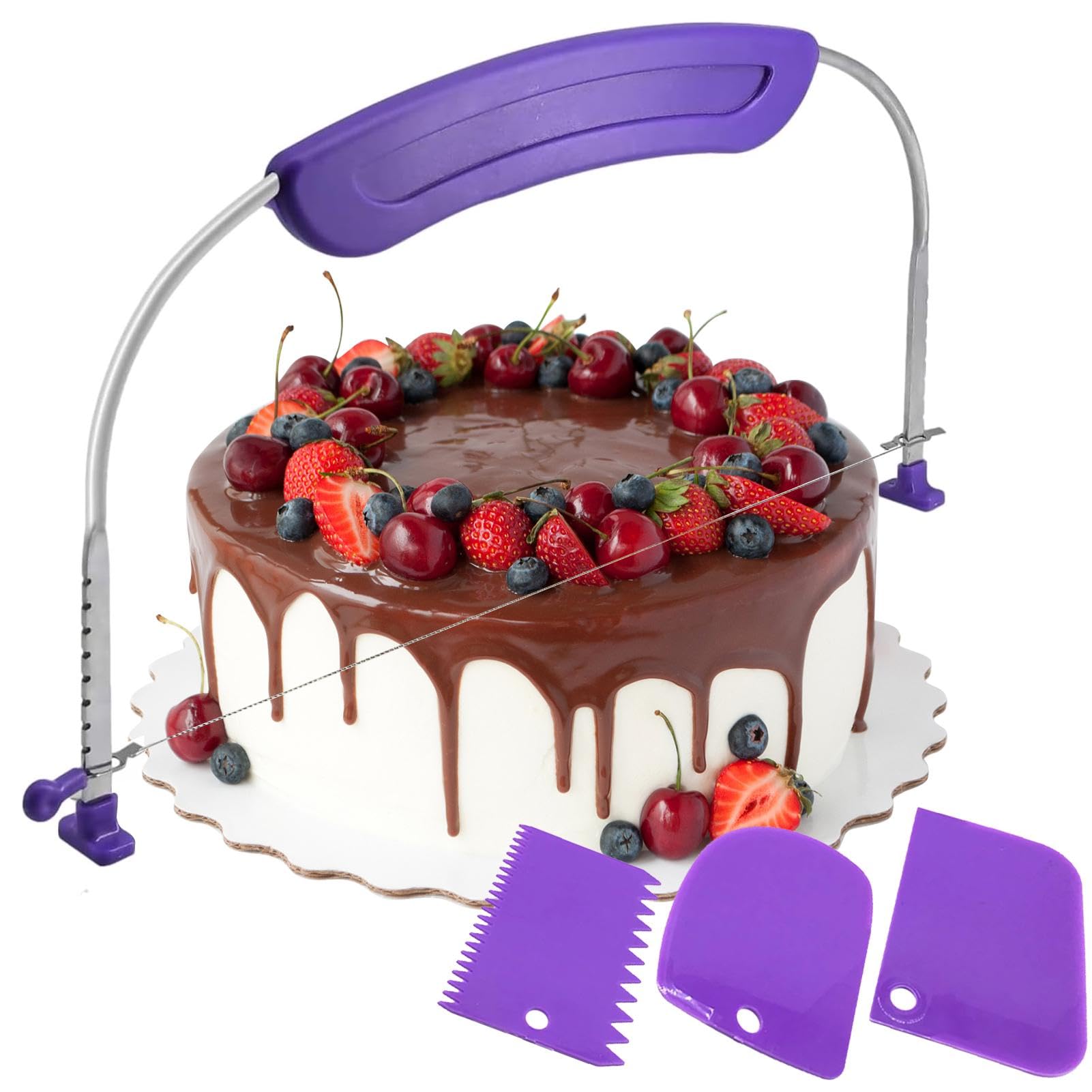 Cake Leveller Cutter – 11 Inch Adjustable Stainless Steel Cake Slicer with Non‑Slip Handle, Includes Cake Smoother Tool, Ideal for Layered Cakes Baking & Slicing (Purple)