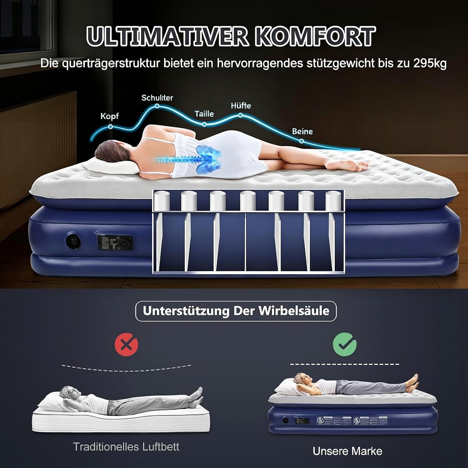 Luftmatratze 2 Personen Selbstaufblasend mit Akkupumpe | 203x152x45cm Luftmatratze Gästebett, Beflockt Wasserdicht, Doppellagige Luftsäulen, 295kg Tragfähigkeit für Camping & Zuhause