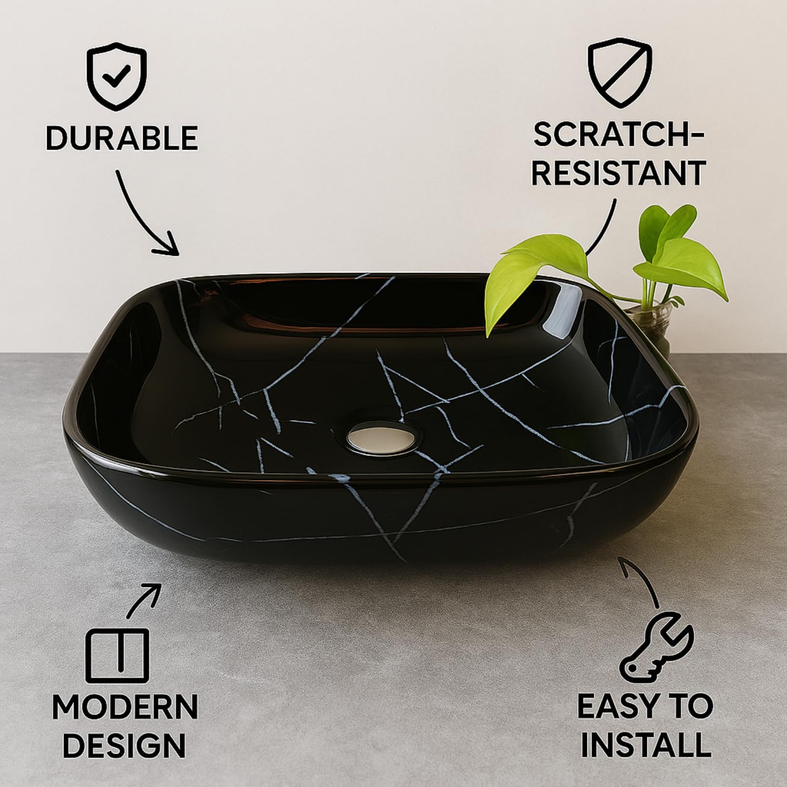 Vivatra Ceramic Tabletop Wash Basin β Glossy Rectangular Countertop Vessel Sink with Marble Finish for Bathroom & Vanity | Compact 18 x 13 x 5 Inch | Elegant Washbasin (VT_WB_LC01_024) 4