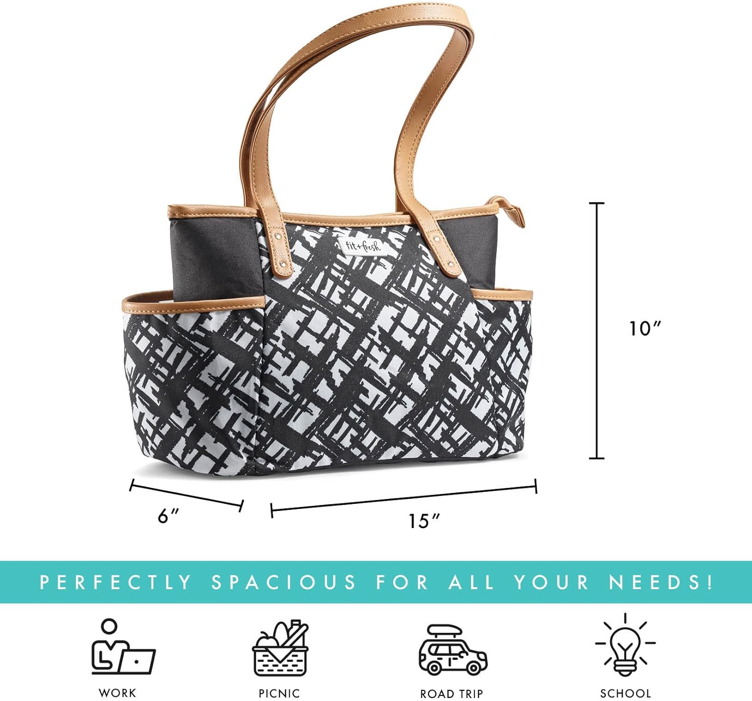 Fit & Fresh Navarto Adult Insulated Lunch Bag with Side Pouches & Carry Handles, Complete Lunch Kit Includes Matching Tumbler & Container, Black, Large - Image 4