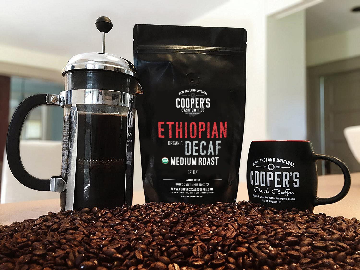 Organic Ethiopian Decaf Swiss Water Processed SWP - Ground Coffee -12 oz and Decaffeinated Gourmet Coffee Sampler Gift Box Set - Whole Beans - 4-Pack - 4oz