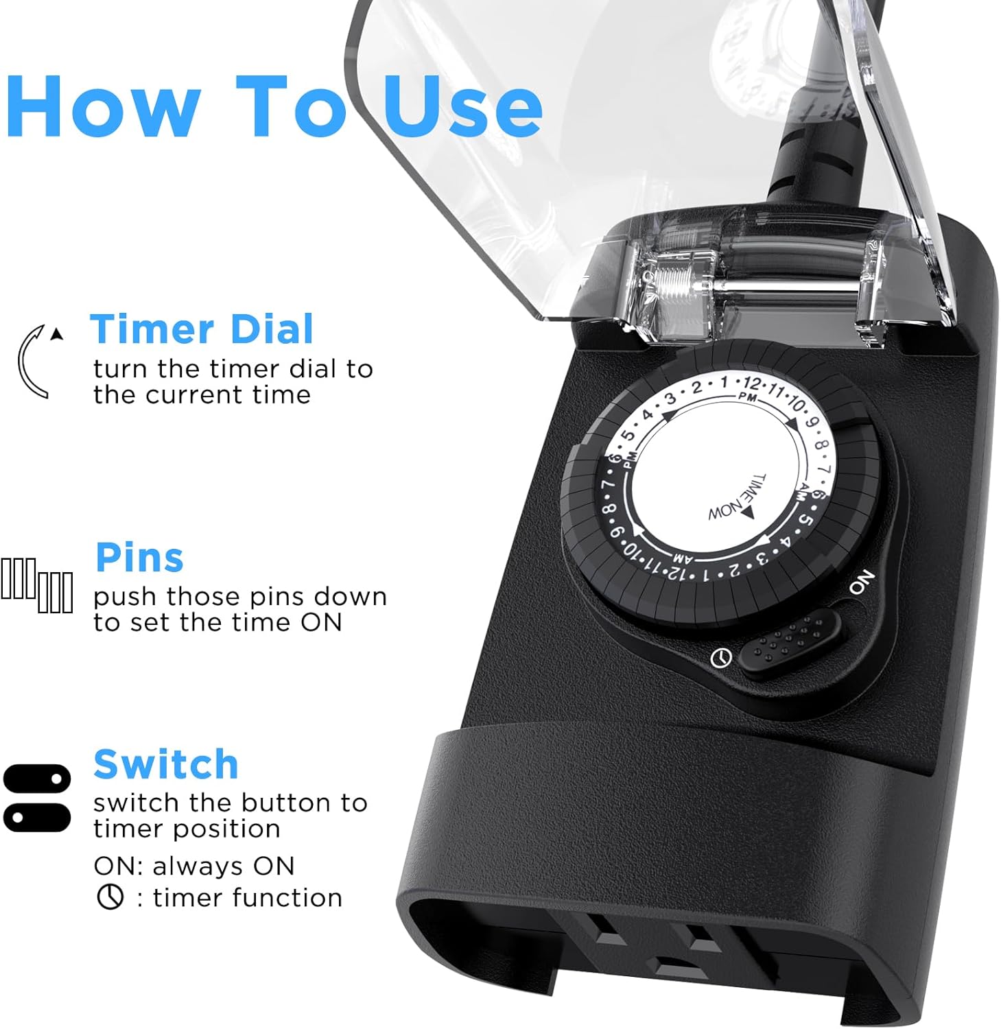 Diagram showing how to set the G-ELEK Outdoor Timer: turn the dial to current time, push pins down for ON times, and slide the switch to timer function.