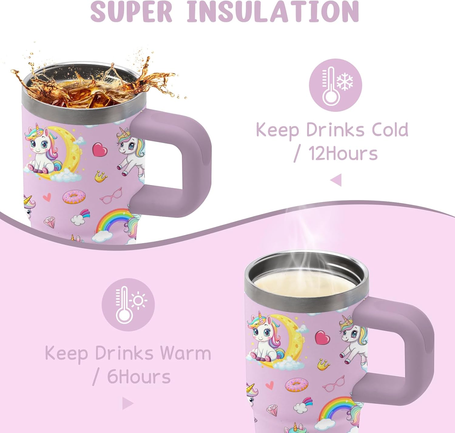 14 oz Unicorn Tumbler with Handle and Straw for Kids, Insulated Stainless Steel Unicorn Cup for Girl, Birthday Gifts for Women Kids Girls - Image 5