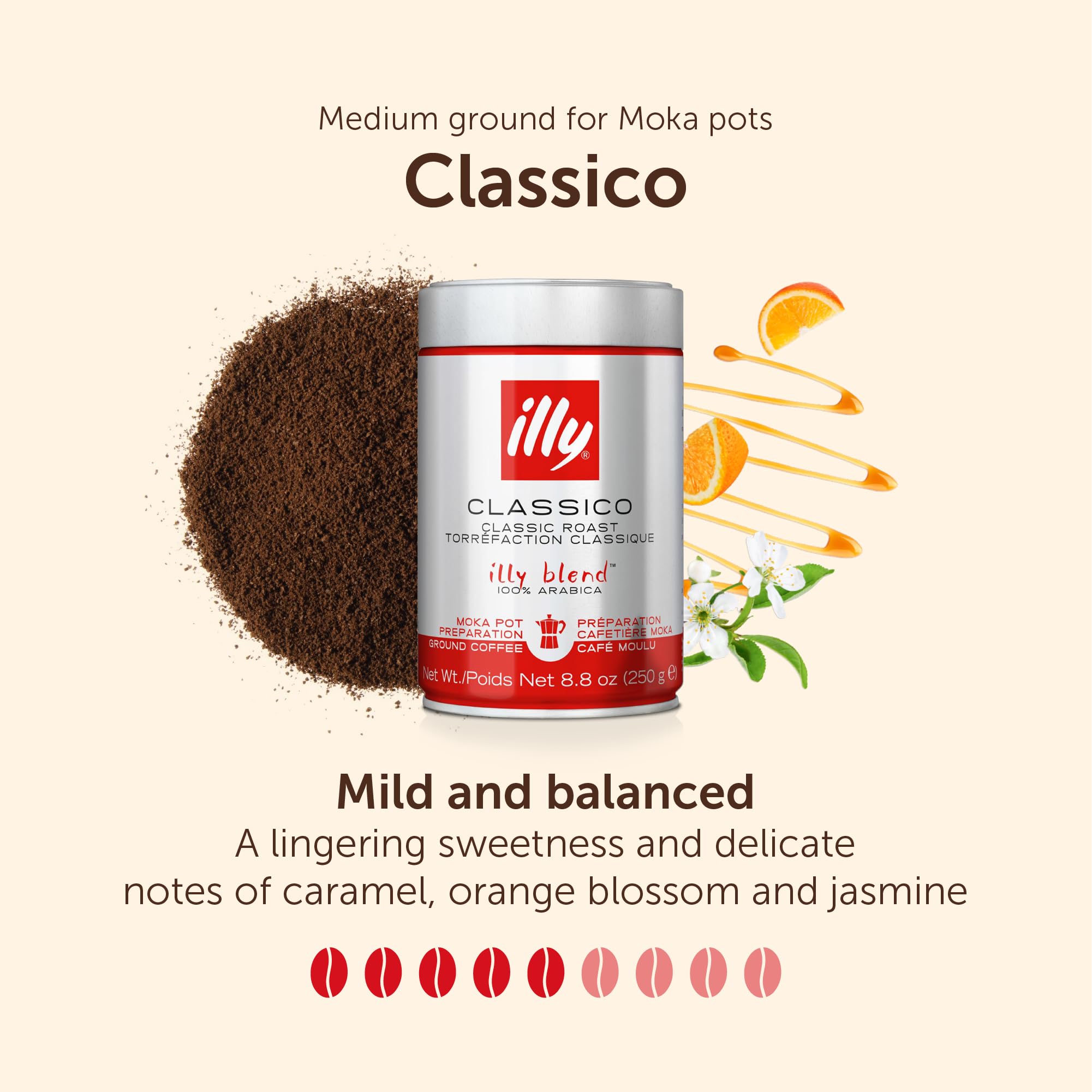 illy Ziarna kawy Classico, średnio palone, 100% arabika, idealne do garnków moka, filtra, espresso i lungo, 250 g x 6