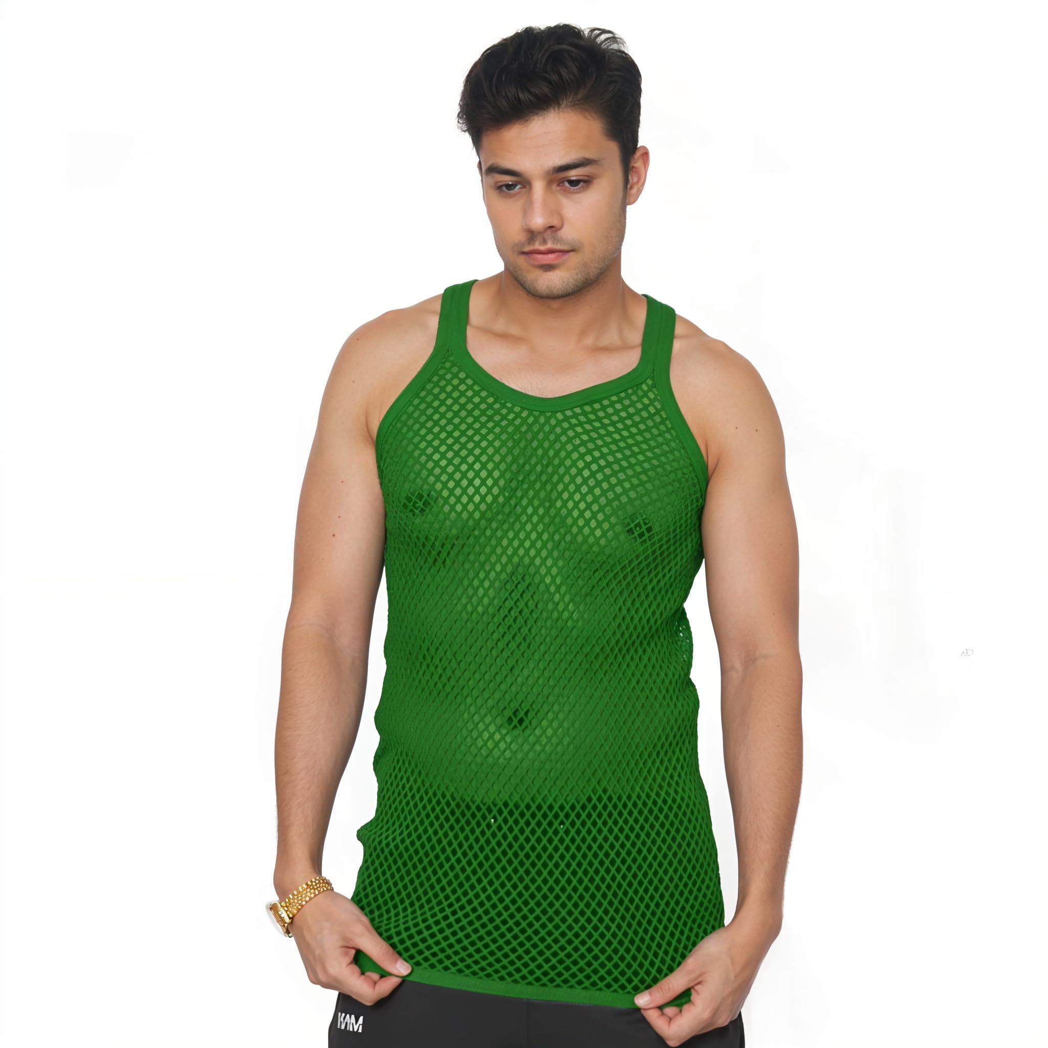 Mens String MESH Vest Fishnet Cotton Gym Muscle Training Tank Rasta Tops Shirt[Green,M]