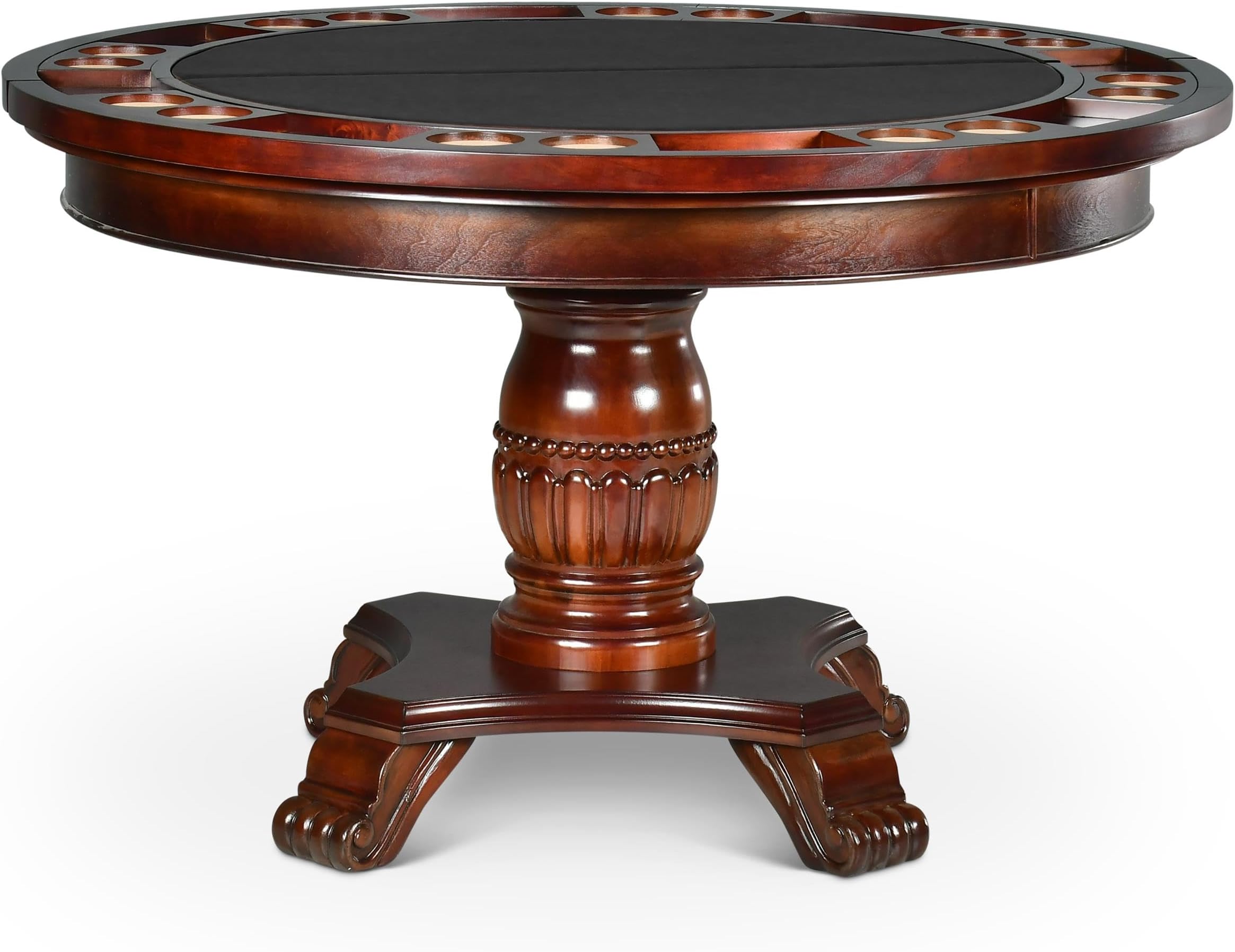 Steve Silver Tournament 51" x 51" Traditional Round Faux Leather & Wood Poker Game Table with Casters, Chairs, Pedestal Base, Removable Top, Poker Chips and Drinks Holders, Cherry & Black Finish