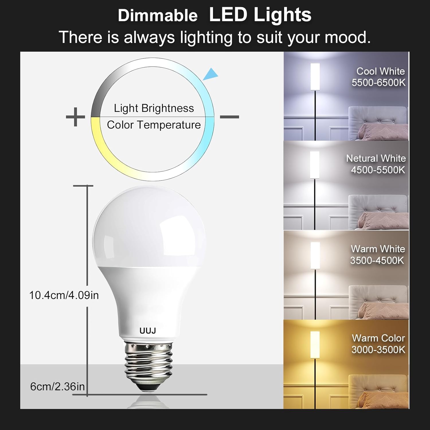 Dimmable A19 LED Bulb with Remote Control,800LM 9W Bright Led Light Bulbs,3000-6000K Adjustable Color Temperature Lamp Bulb with E26 Base,Timing,Memory Function,LED Light for Bedroom Livingroom Lamp