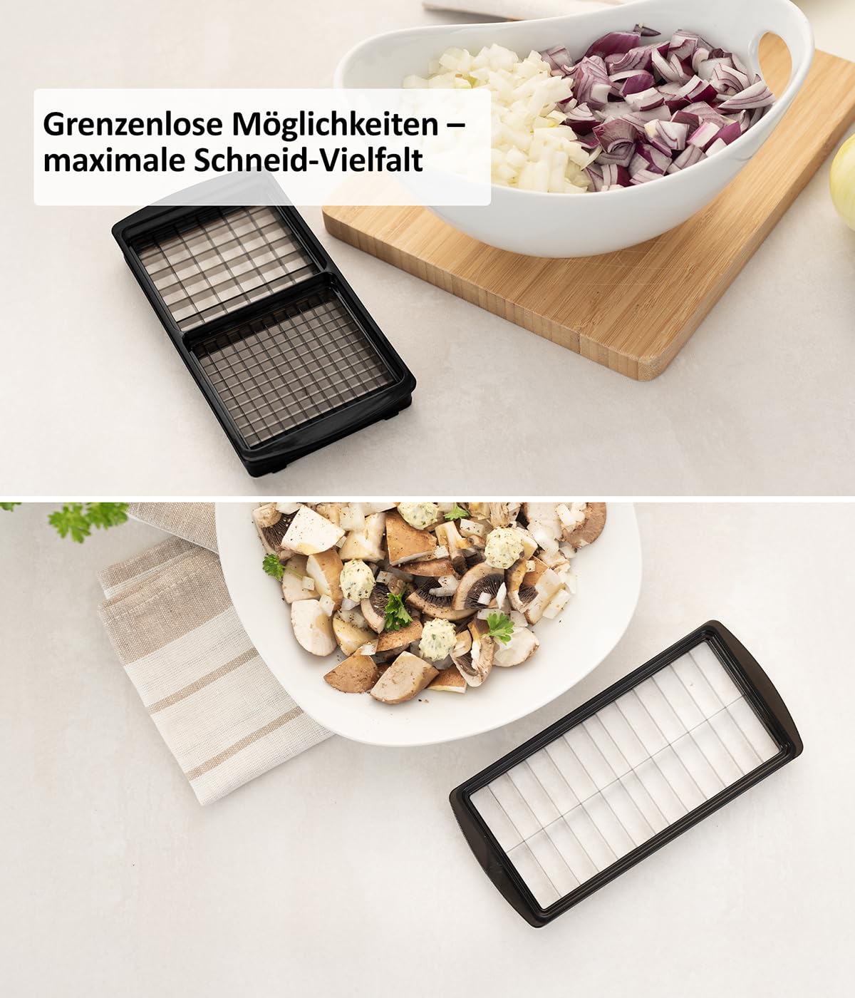 Genius Nicer Dicer Plus Gemüseschneider 17-tlg Jubiläums-Edition – Gemüsehobel Reibe mit 1.5L Auffangbehälter mit Deckel, Spiralschneider, Zwiebelschneider, Würfel, Stifte, Scheiben, Rezeptheft