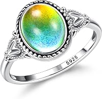Florideco Sterling Silver Moonstone Mood Ring for Women - Vintage Handmade Victorian Oval Solitaire, 18K White Gold Plated Color Change Jewelry