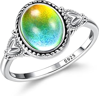 Florideco Sterling Silver Moonstone Mood Ring for Women - Vintage Handmade Victorian Oval Solitaire, 18K White Gold Plated Color Change Jewelry