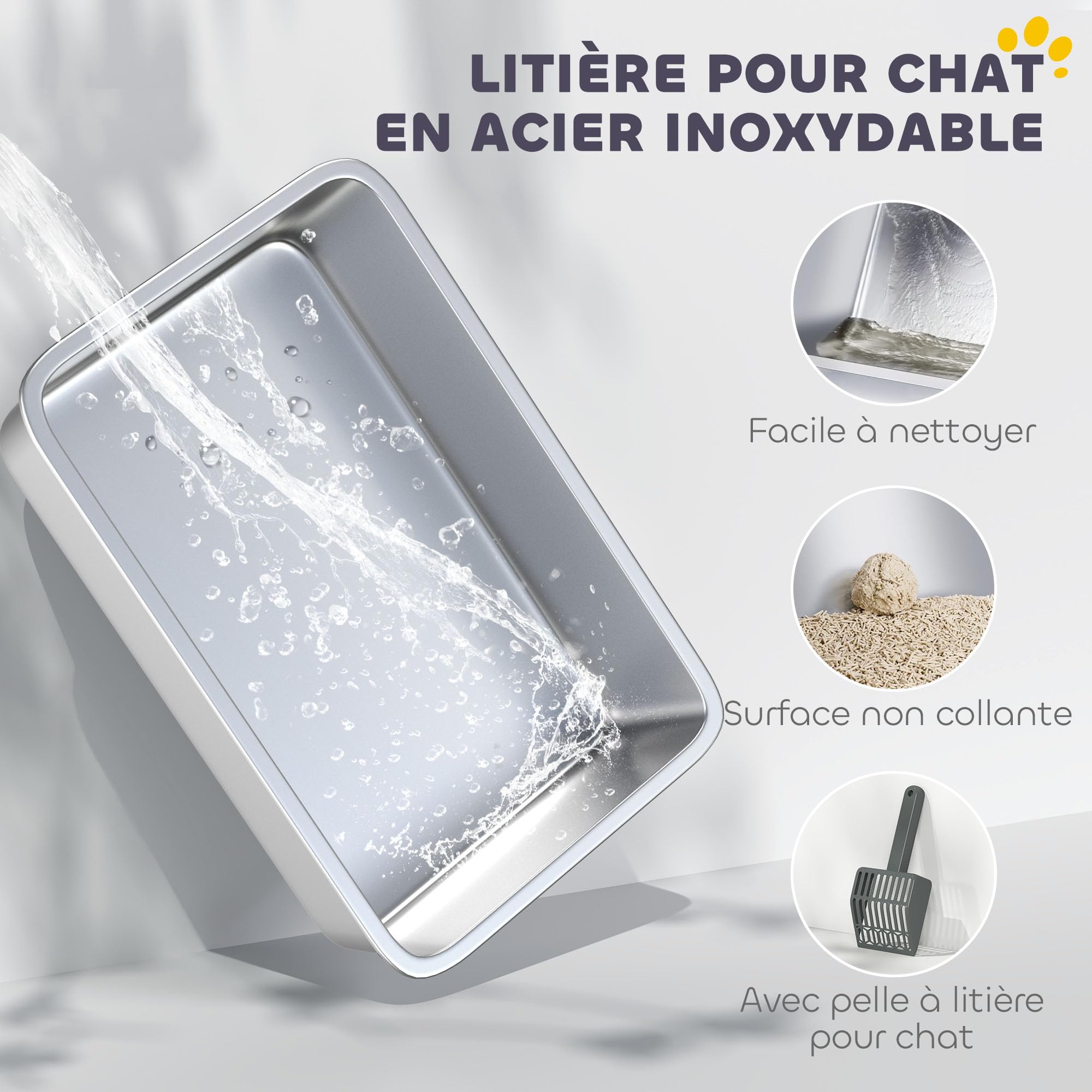 PawHut - Bandeja para Gatos (85 L, Gran Capacidad, 71 x 50,8 x 35,5 cm), Color Gris | Acero inoxidable, casa de aseo para gatos, pala, patines antideslizantes, fácil de limpiar