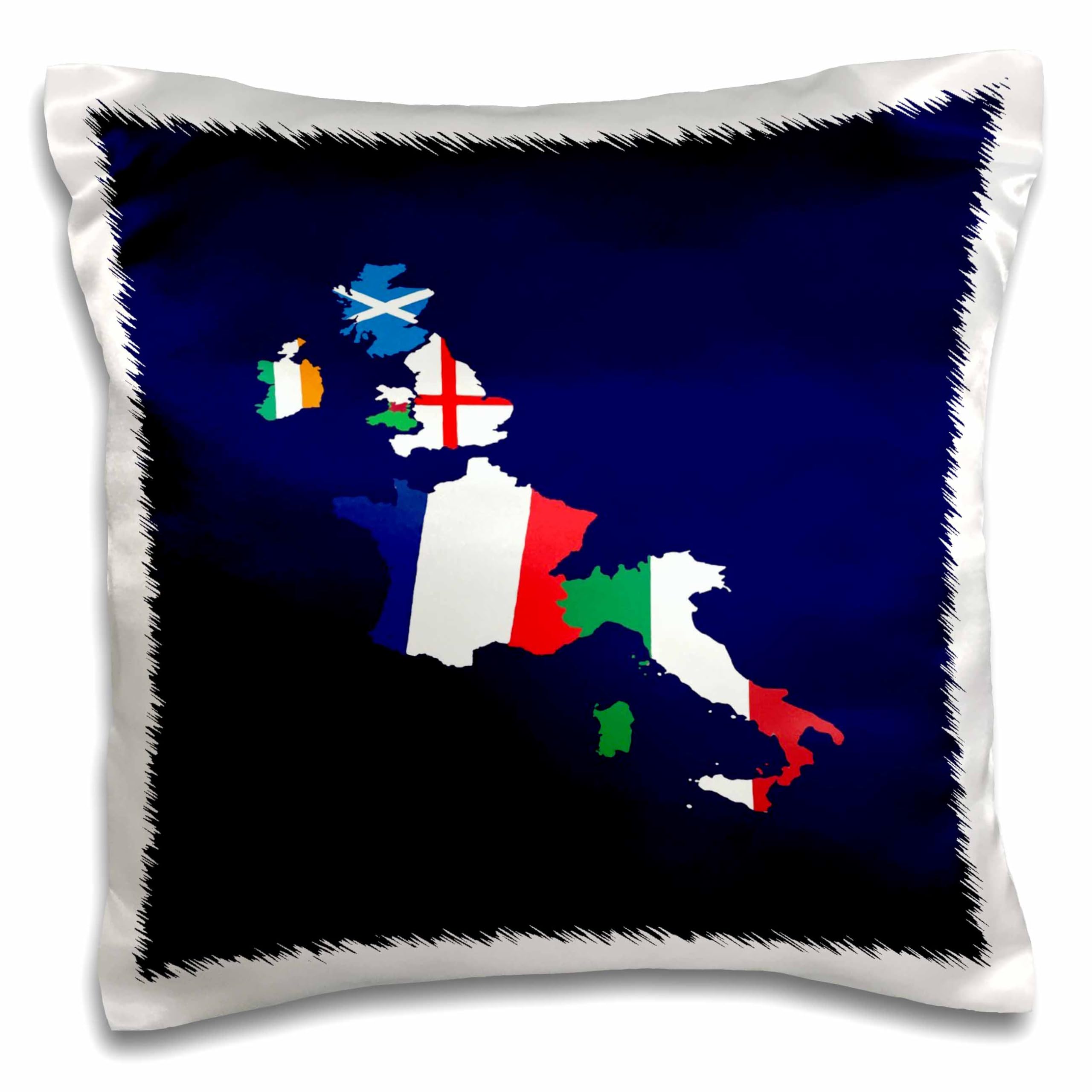 3dRose 16x16 inch Pillow Case - Rugby Union Fan Vector Art - Tournament Flag and Map
