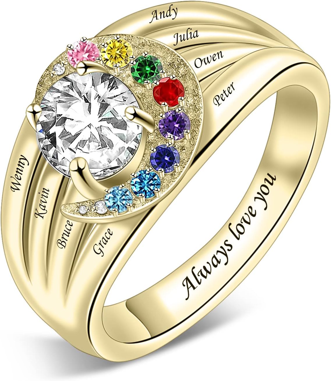 Personalized Mother Rings with 1-8 Simulated Birthstones Custom Name Ring for Women Engraved Family Ring Moon Ring For Mothers Day Mom Daughter Grandma Sisters