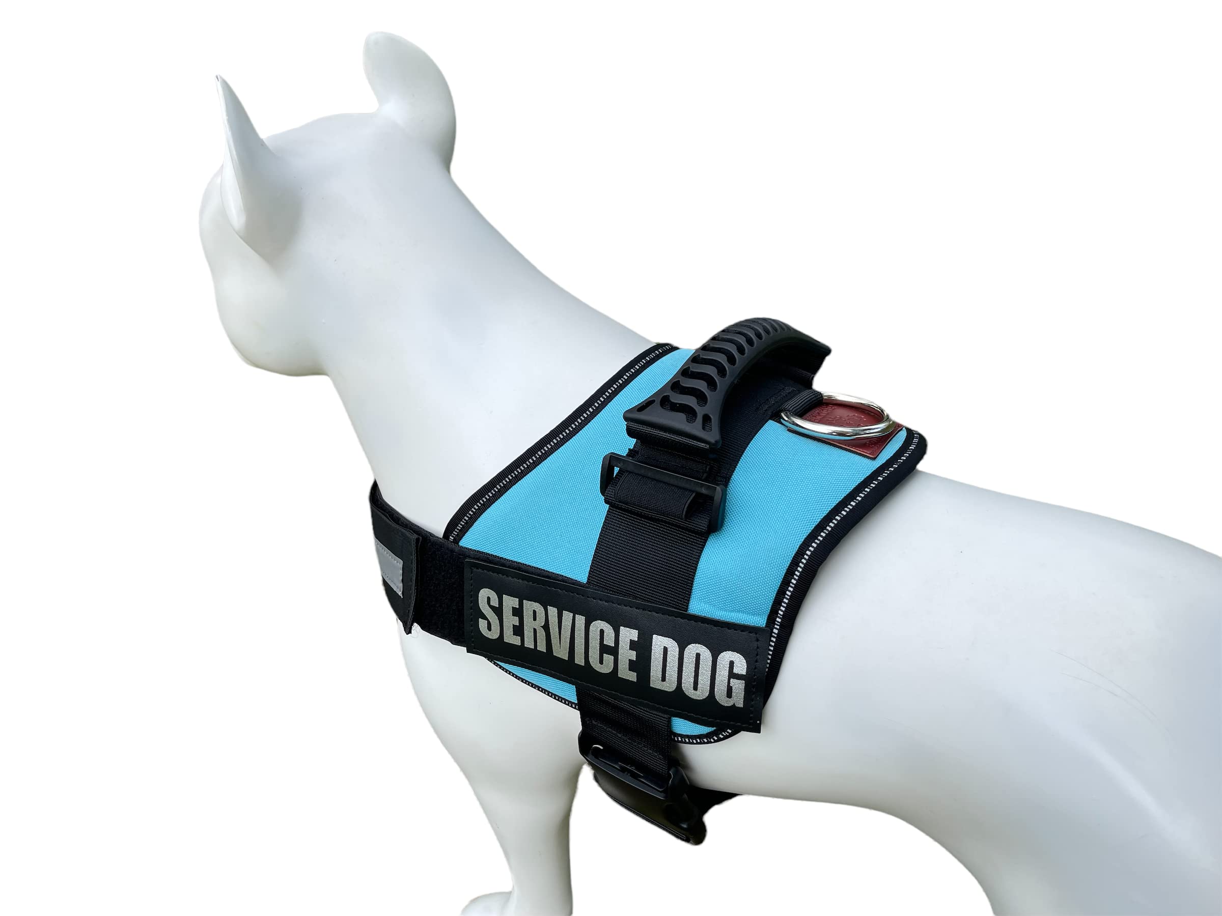 ALBCORP, Arnés de chaleco reflectante para perro de servicio, sin tirones, con asa y cómodo acolchado de malla, para cachorros, perros pequeños y grandes, incluye 2 parches extraíbles, L, Azul