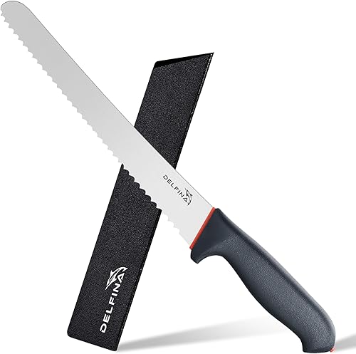 Miniatura 1 de DELFINA Cuchillo de pan de 10 pulgadas para masa madre de pan casero con agarre suave, cuchillo de pan dentado, borde ondulado, con funda para panes