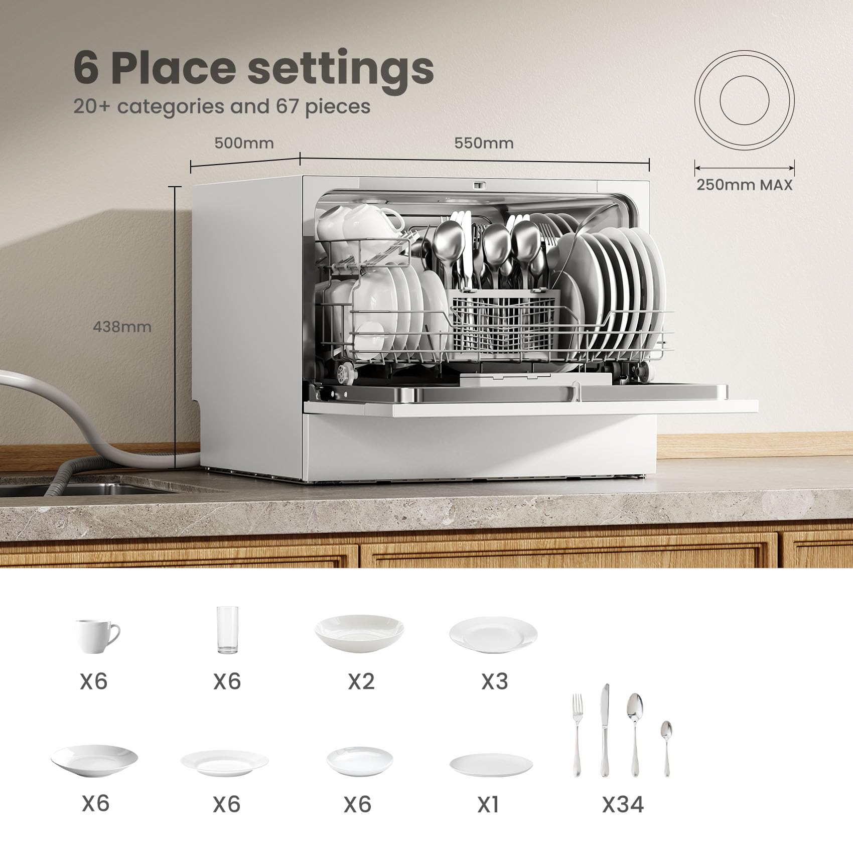 COMFEE' 2026 New Upgraded Table Top Dishwasher with 6 Place Settings, Mini Countertop Dishwasher for Small Families, Couples, Auto Open Dry, LED display, Delay Start, 47dB Quiet Noise, White — view 4