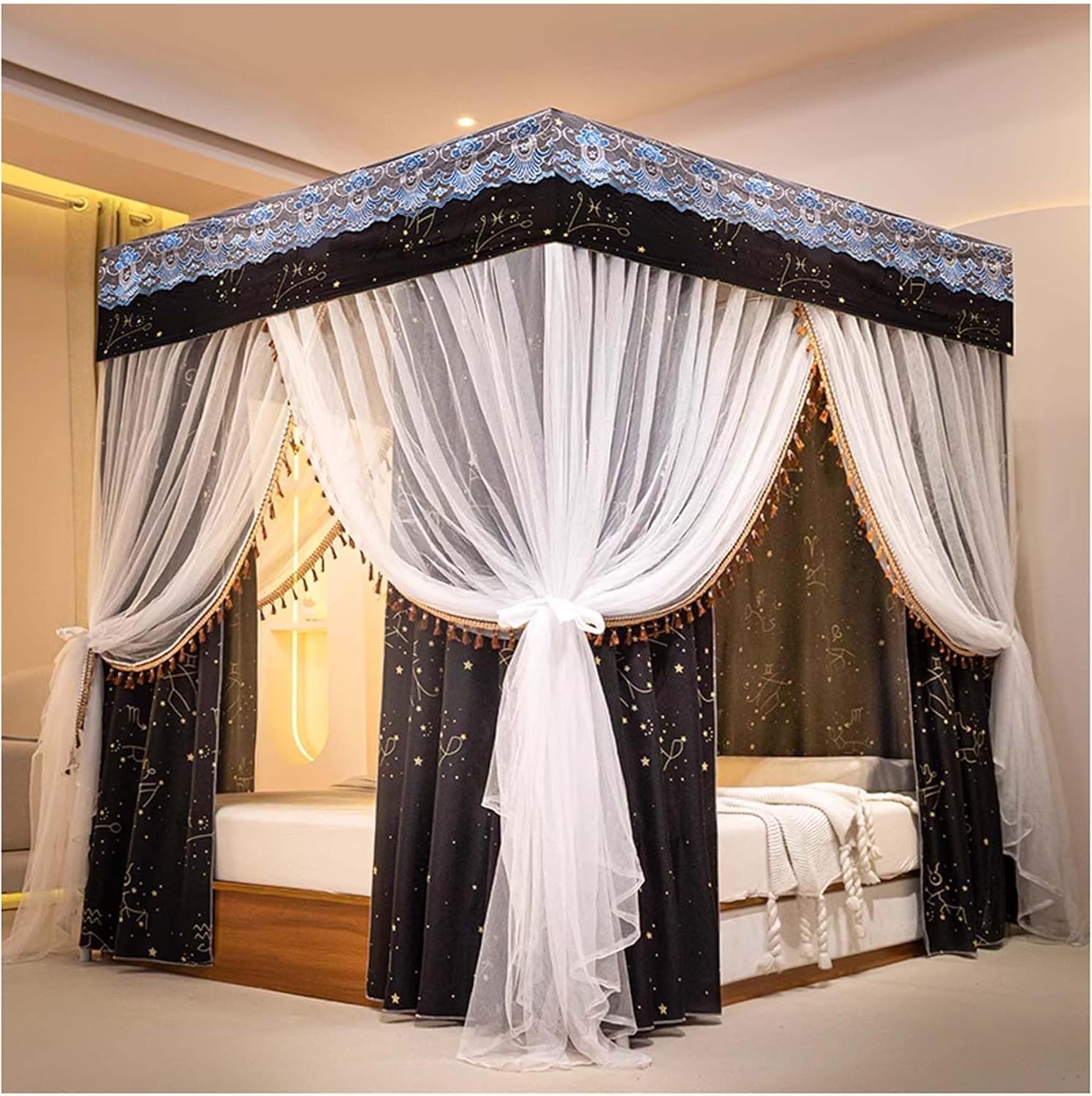 Canopy Bed Frame Post with Double Layer Curtain, Stainless Steel 4 Corners Bed Canopy, Princess Mosquito Net for Bedroom