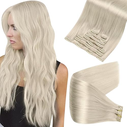 Full Shine White Blonde Clip in Hair Extensions Real Human Hair Seamless Hair Extensions Clip in Human Hair Skin Weft Invisible Clip ins Long Hair Extensions 20 Inch 8Pcs 120 Grams Ice Blonde