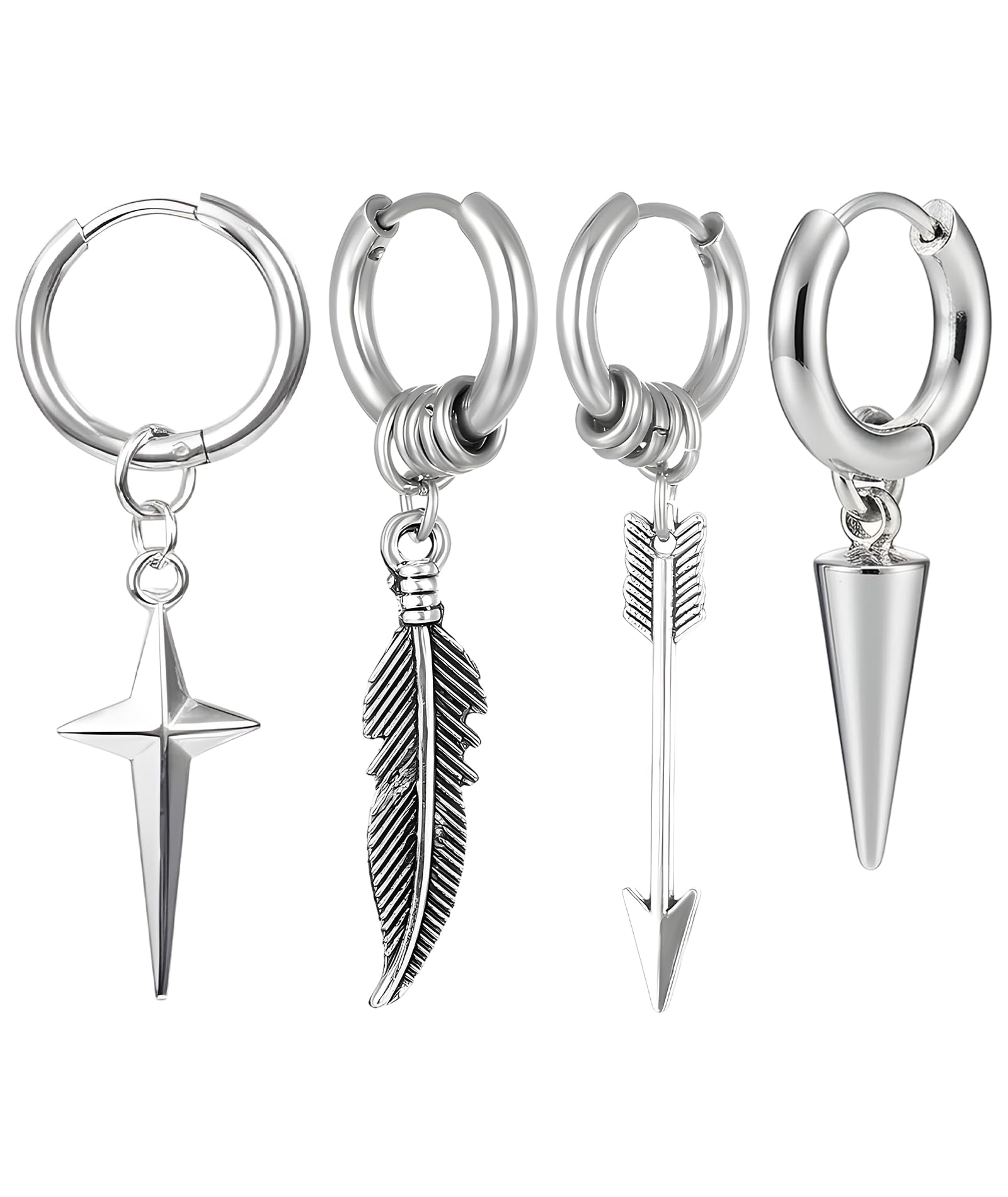 4 Men Earring Set, Stylish Earrings for Men, Boys and Women, Non Pierced Ear Studs, Hoop and Helix Earrings (Silvery)