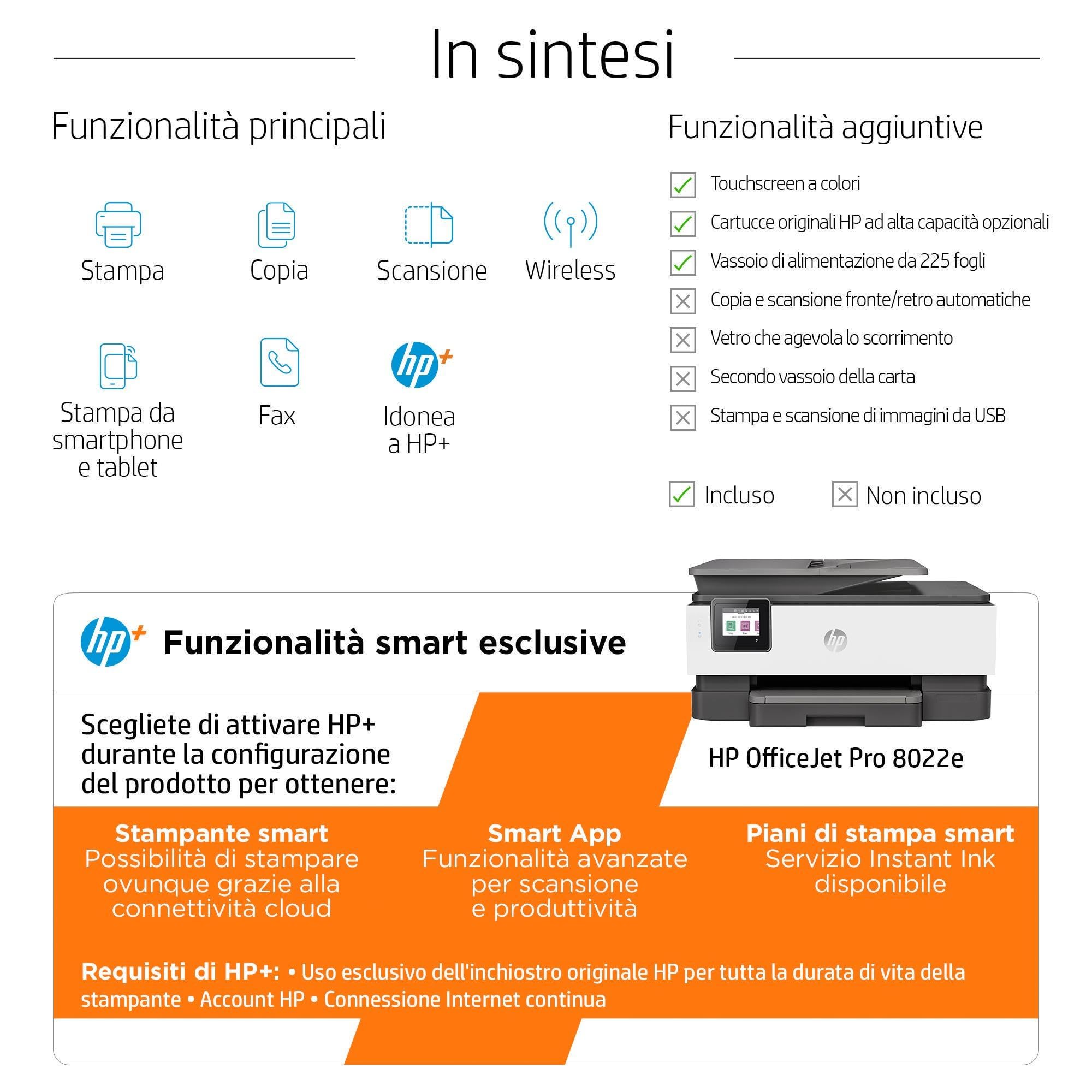 HP OfficeJet Pro 8022e 229W7B, Stampante Multifunzione a Getto d'Inchiostro A4 a Colori, Fronte e Retro Automatico, 29 ppm, Wi-Fi, 6 Mesi di Inchiostro Instant Ink Inclusi, Nera