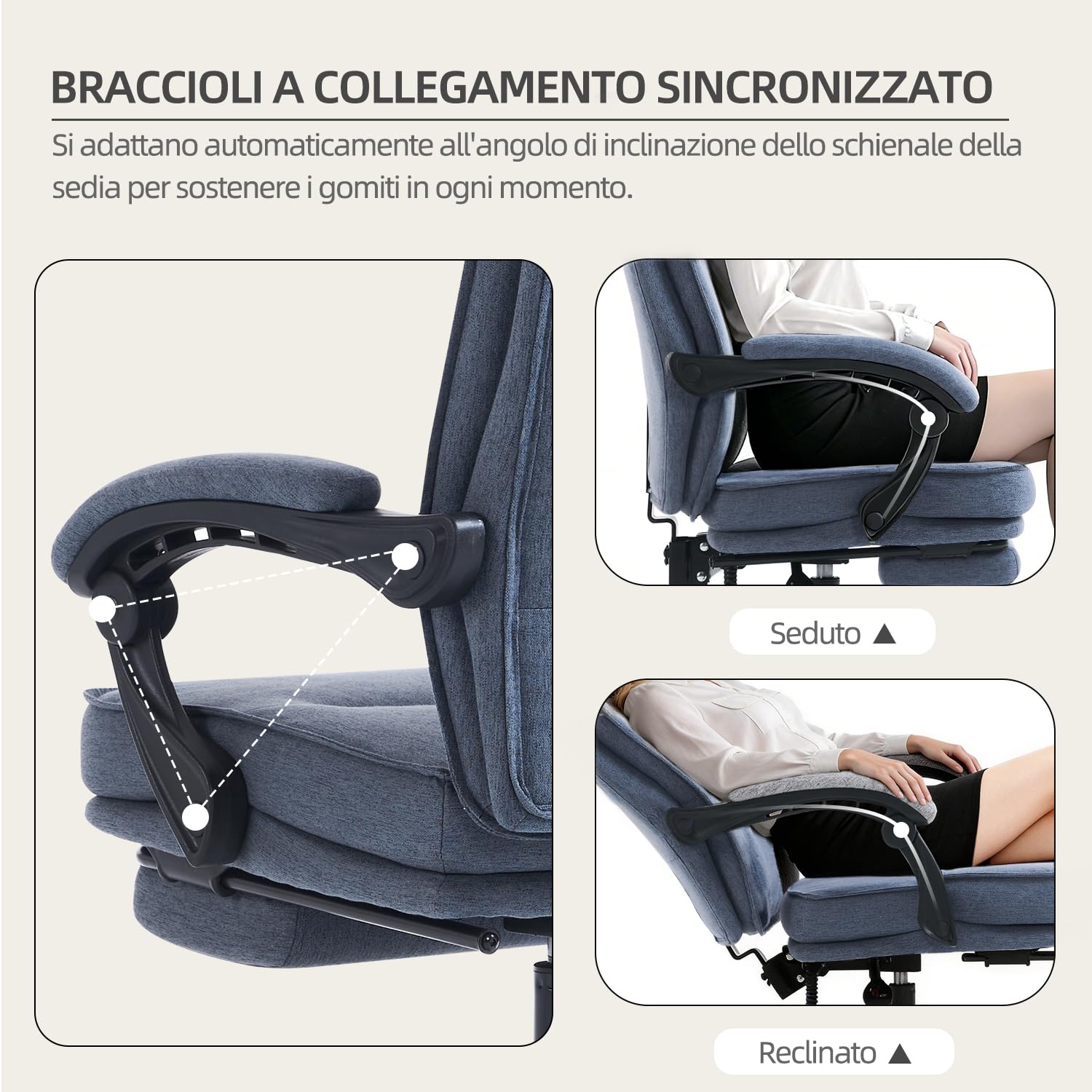 MZLEE - Sedia ergonomica da ufficio, da scrivania, poltrona direzionale, sedia da computer, con poggiapiedi e schienale regolabile, 90-135°, per casa, ufficio, blu navy, tessuto 150 kg