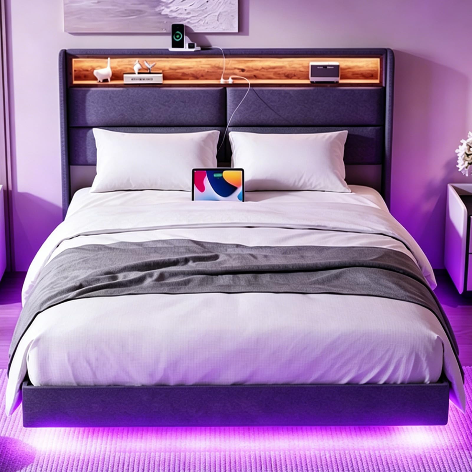 HAUSPROFI Schwebebett | Polsterbett mit LED-Beleuchtung, USB & Type-C Ladestation, Stauraum-Kopfteil und Lattenrost | Modernes Doppelbett in Leinenoptik