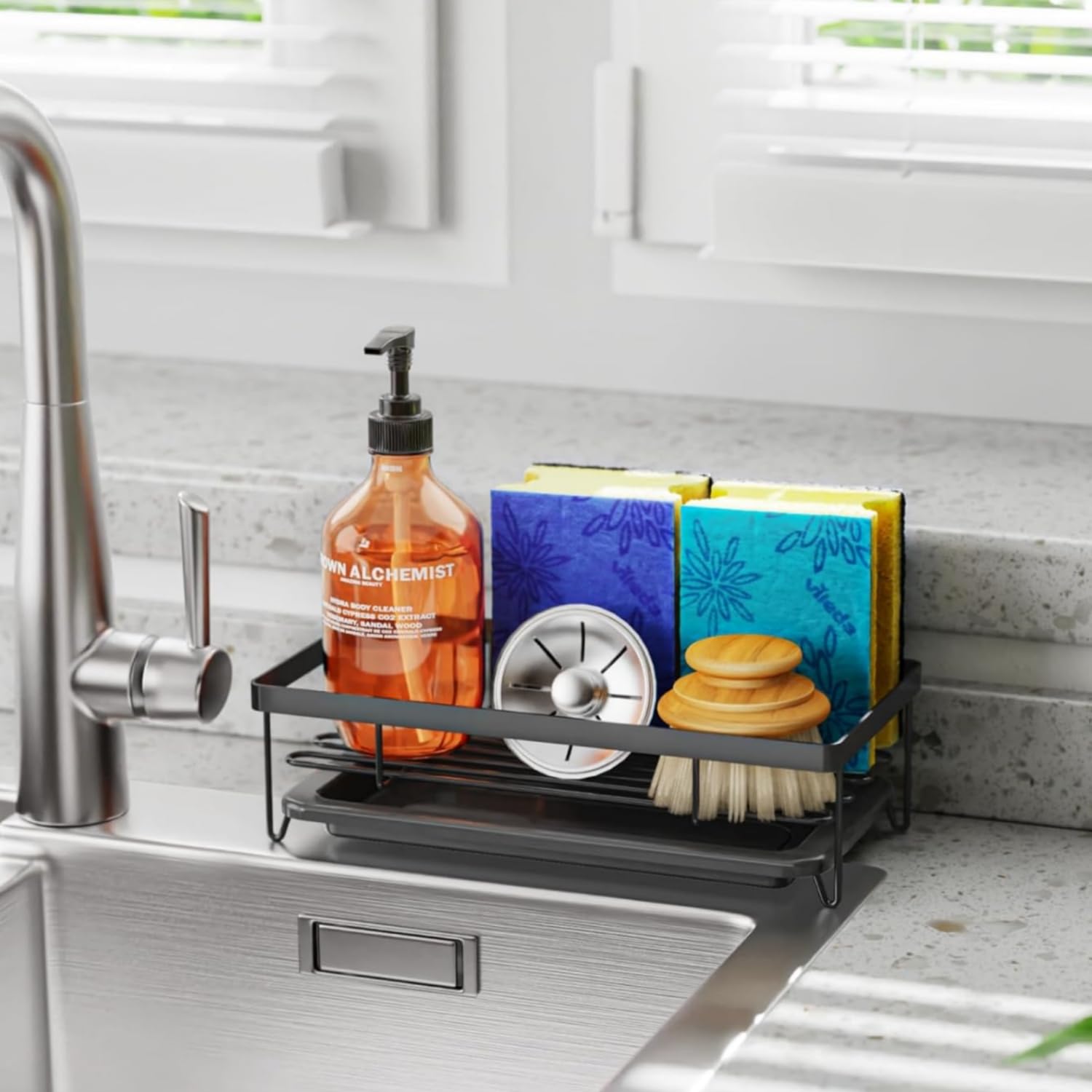 VILCEN Organizador Fregadero, Soporte Estropajo Fregadero de Cocina Acero Inoxidable con Bandeja de Desagüe Extraíble, Cocina Organizador de Lavado, Negro