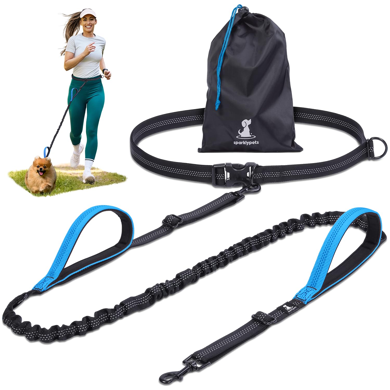 SparklyPets - Hands Free Dog Leash with Reflective Stitches - Waist Leash for Dog Walking, Hiking, Training, Jogging, Canicross, Running - for Small