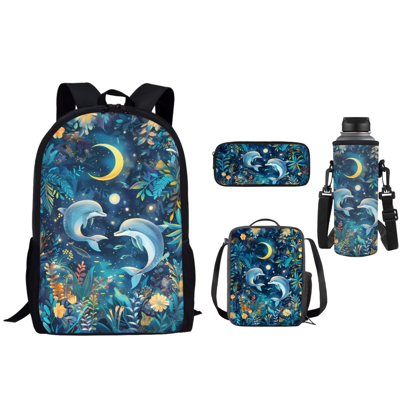 Belidome Adorable Dolphin Kids School Bookbag Lunch Bag Pencil Case Bottle Holder Bag Back to School Supplies, 4 in 1
