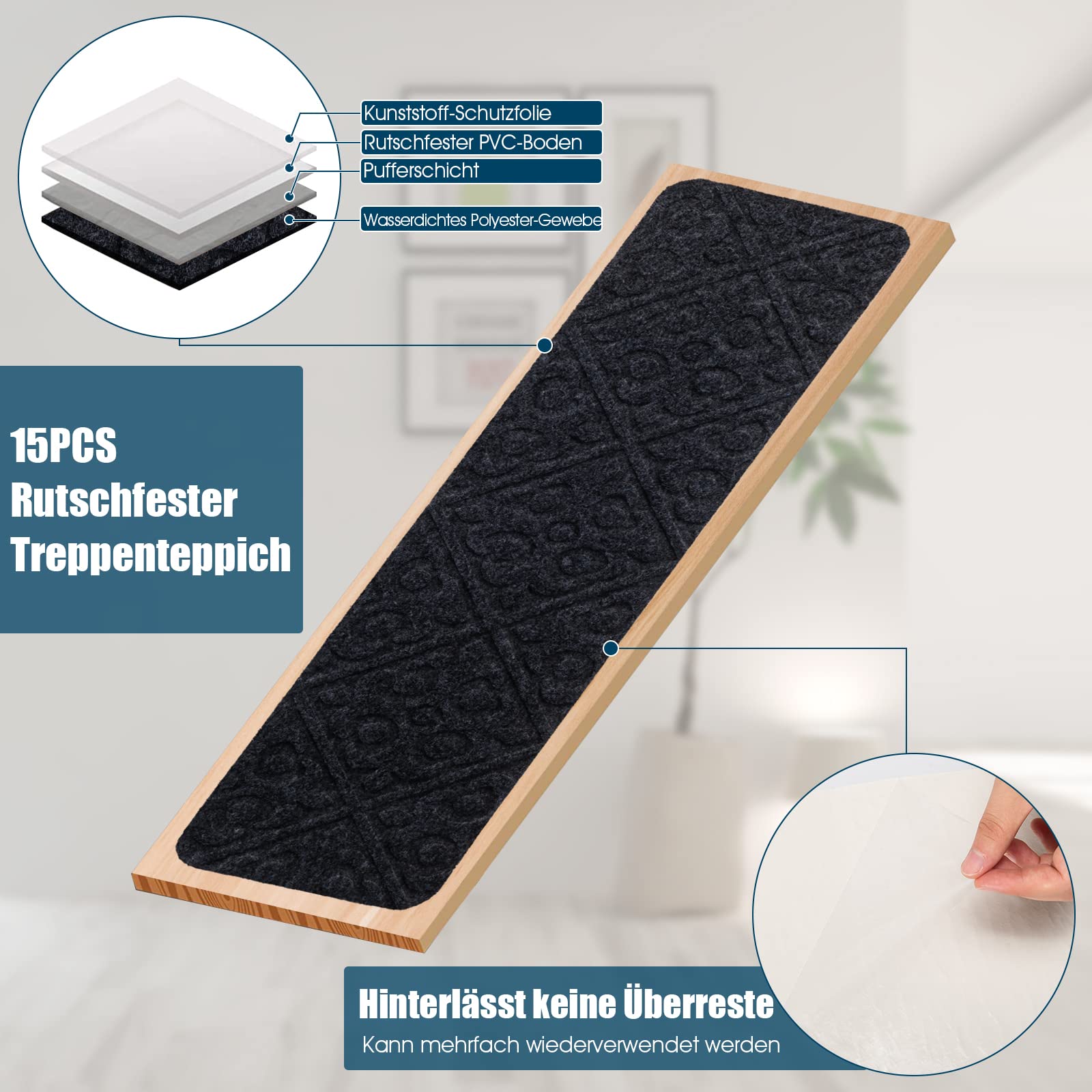 COSTWAY 15er Set Stufenmatten für Treppen, 76x20cm, rutschfeste Selbstklebende Treppenteppiche, Treppenmatten für Holzstufen, wasserdichte Stufenteppiche für Kinder & Älteste & Haustiere (Grau)