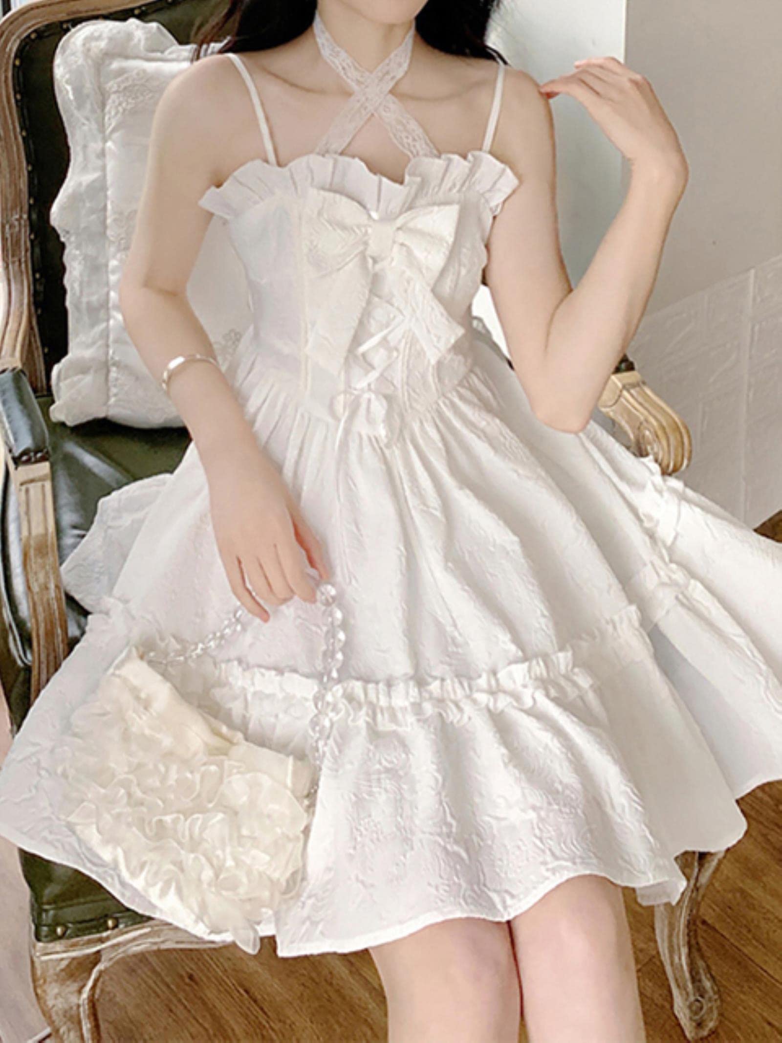 Summer white lolita mini dress women kawaii clothes vintage fairy tales  belt dress female casual elegant one piece dress Korean-White,S :  Amazon.nl: Fashion