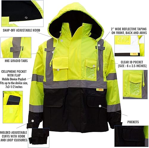 Miniatura 3 de NY Hi-Viz Workwear J8511J8512 Ansi Class 3 - Chaqueta de seguridad de alta visibilidad con cremallera, bolsillo de PVC, parte inferior negra