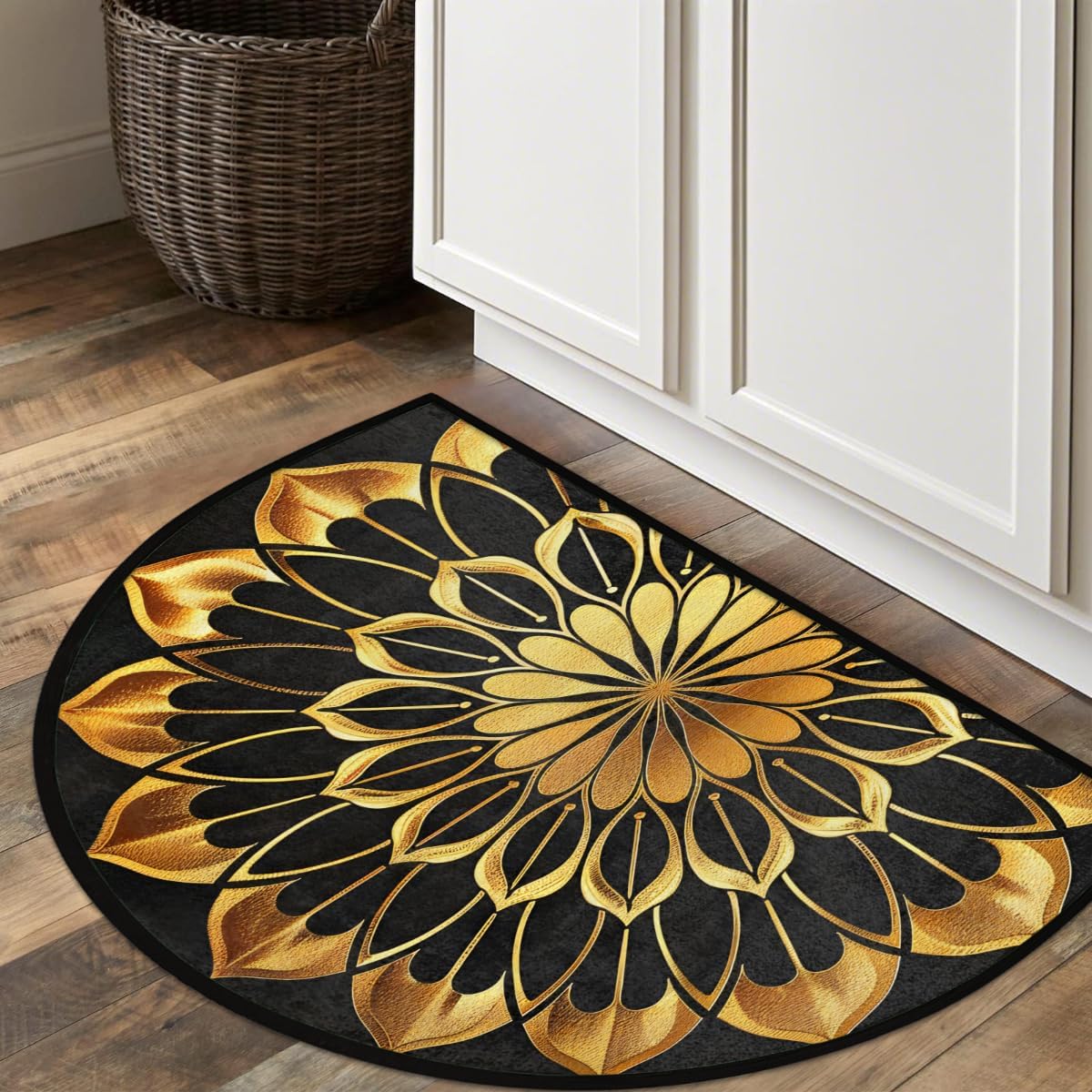 Half Round Door Mat Golden Mandala Flower Floral Semi Circle Area Rug Washable Half Moon Bathroom Rugs Entryway Rug for Indoor Outdoor Kitchen Hearth Fireplace Floor Welcome Carpet Low Profile