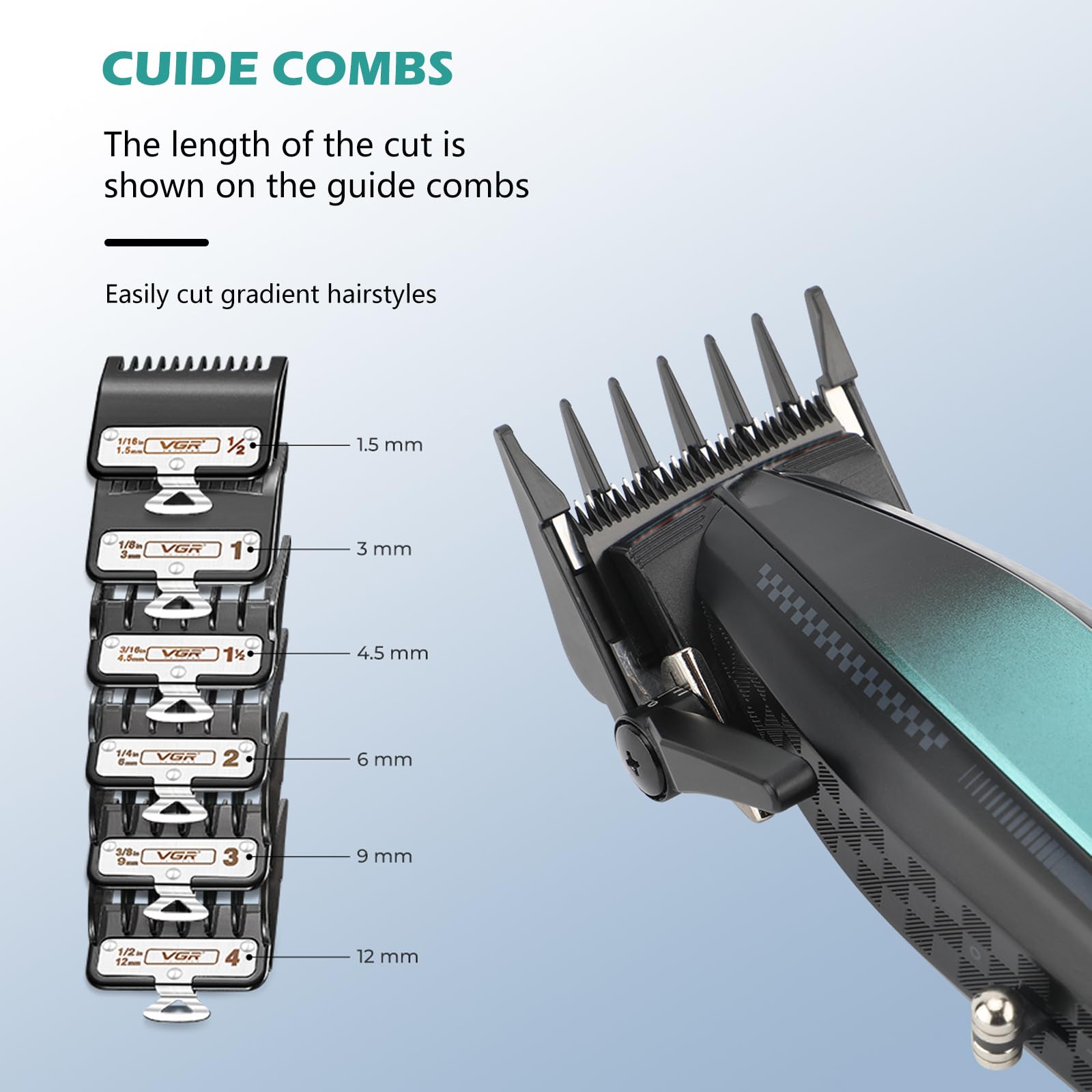 VGR 270 cortapelos para hombres profesionales, de bajo ruido, inalámbrica, de alta velocidad, 9000 RPM, cuchilla de cerámica de decoloración fresca, kit de corte de pelo con 6 peines guía, base de 5