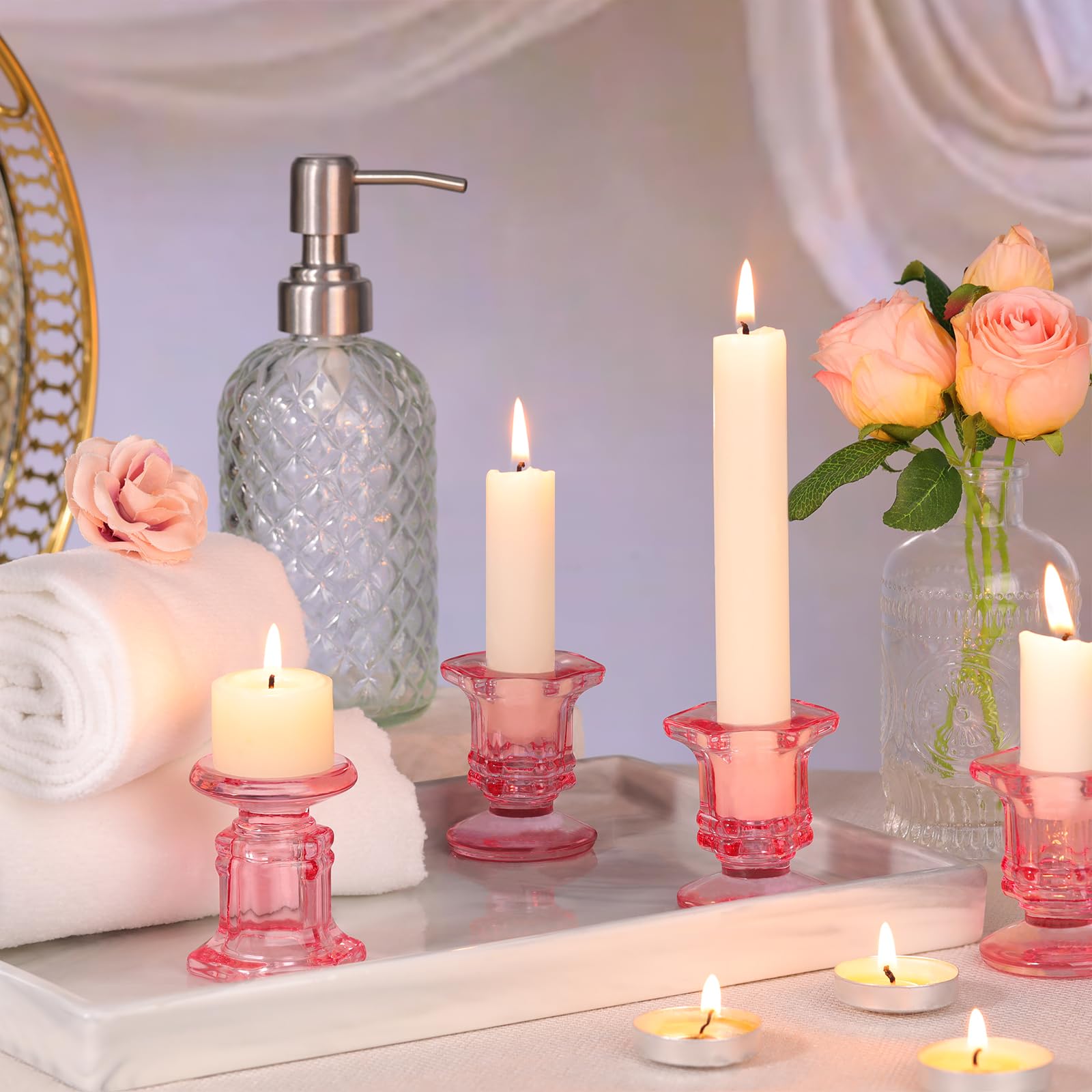 6 portacandele in vetro per candele votive rosa per matrimoni, tavolo centerpiece, feste, decorazione per la casa (rosa