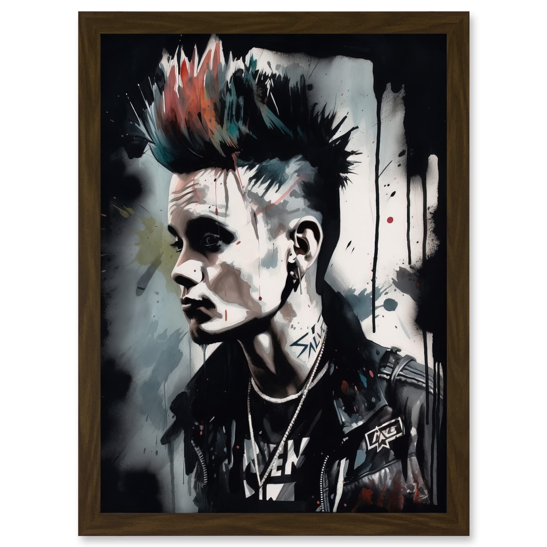 Artery8 Punk Rock Music Fashion Young Man with a Mohawk Modern Watercolour Painting Artwork Framed A3 Wall Art Print