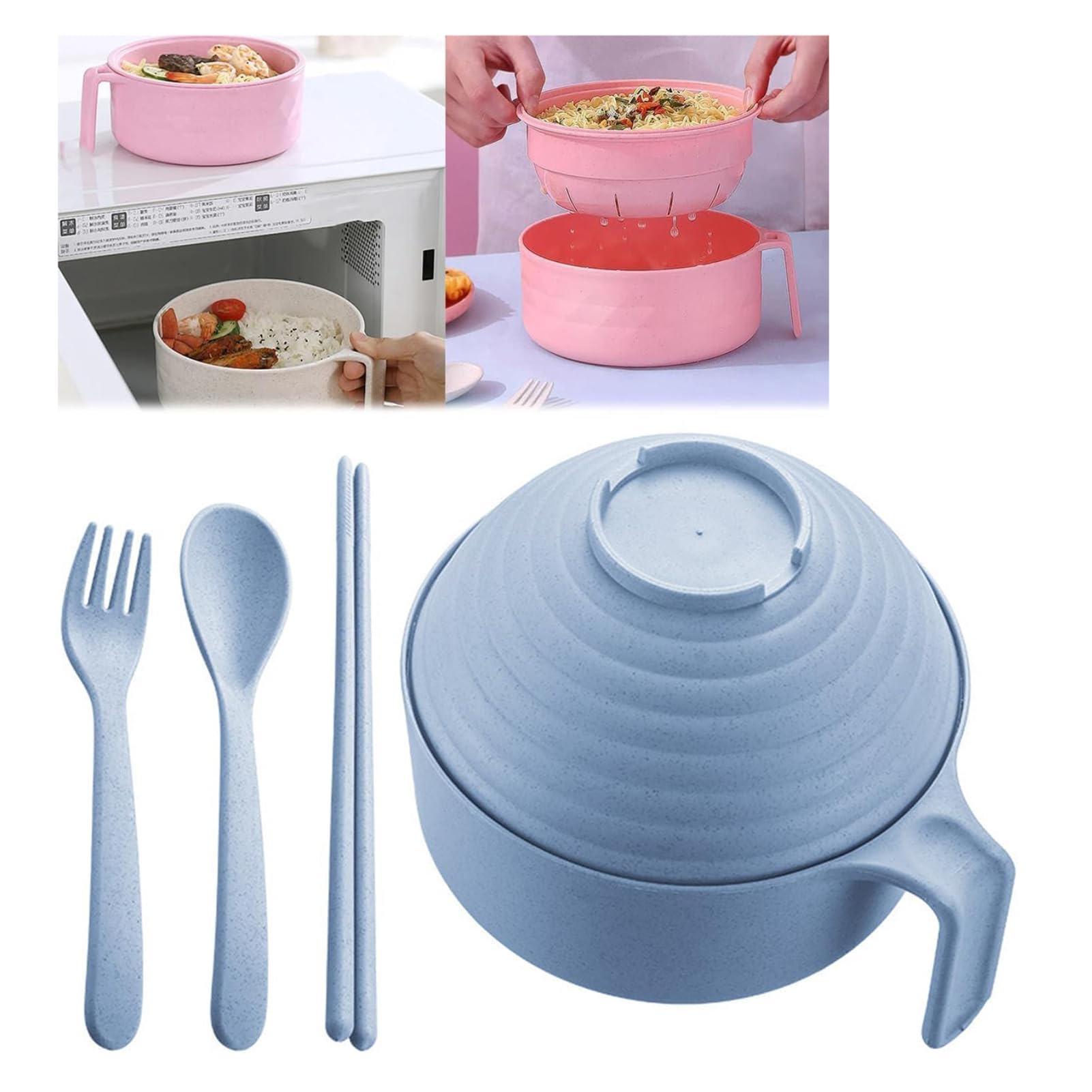 Fiauli Ramen Cooker Ramen Bowl Set,33 oz Microwave Noodle Cooker with Handle,Spoon Chopsticks Fork,Plastic Ramen Noodle Bowl,Microwavable Fast Ramen Pot College Dorm Room Apartment Essentials Blue